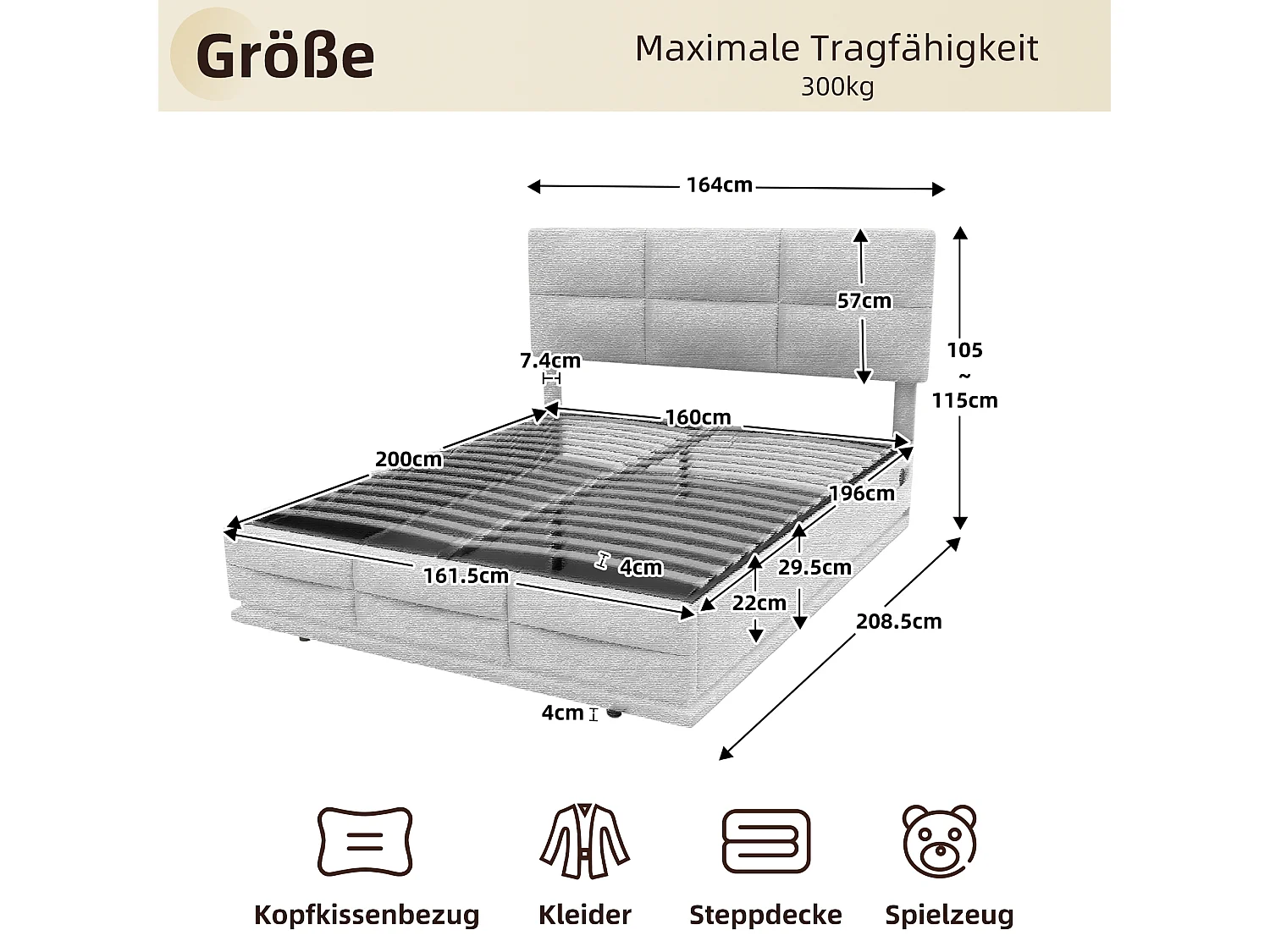 Letto matrimoniale contenitore imbottito idraulico 160 x 200 cm in velluto delicato sulla pelle con luci LED e caricabatterie USB, grigio