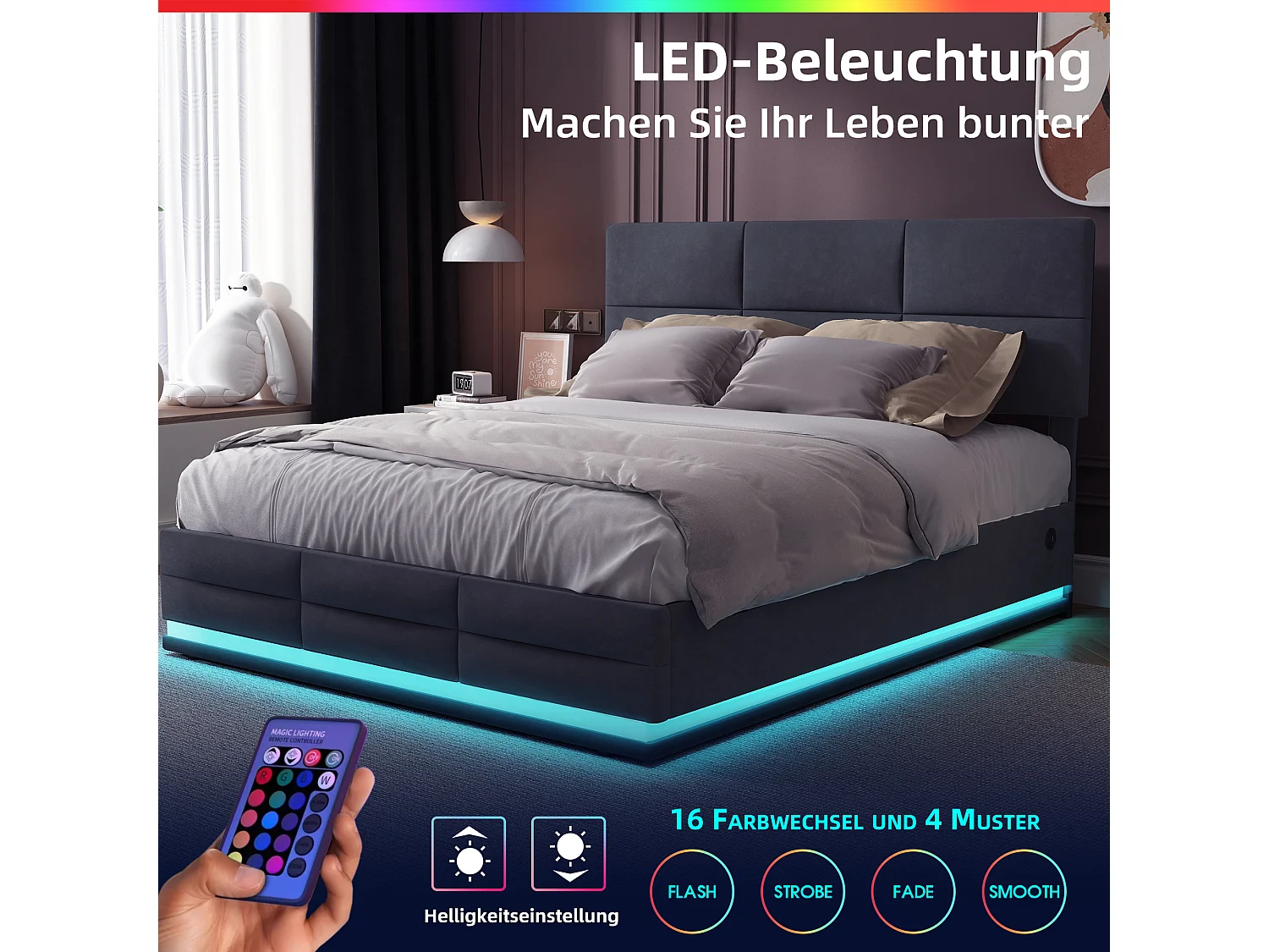 Letto matrimoniale contenitore imbottito idraulico 160 x 200 cm in velluto delicato sulla pelle con luci LED e caricabatterie USB, grigio