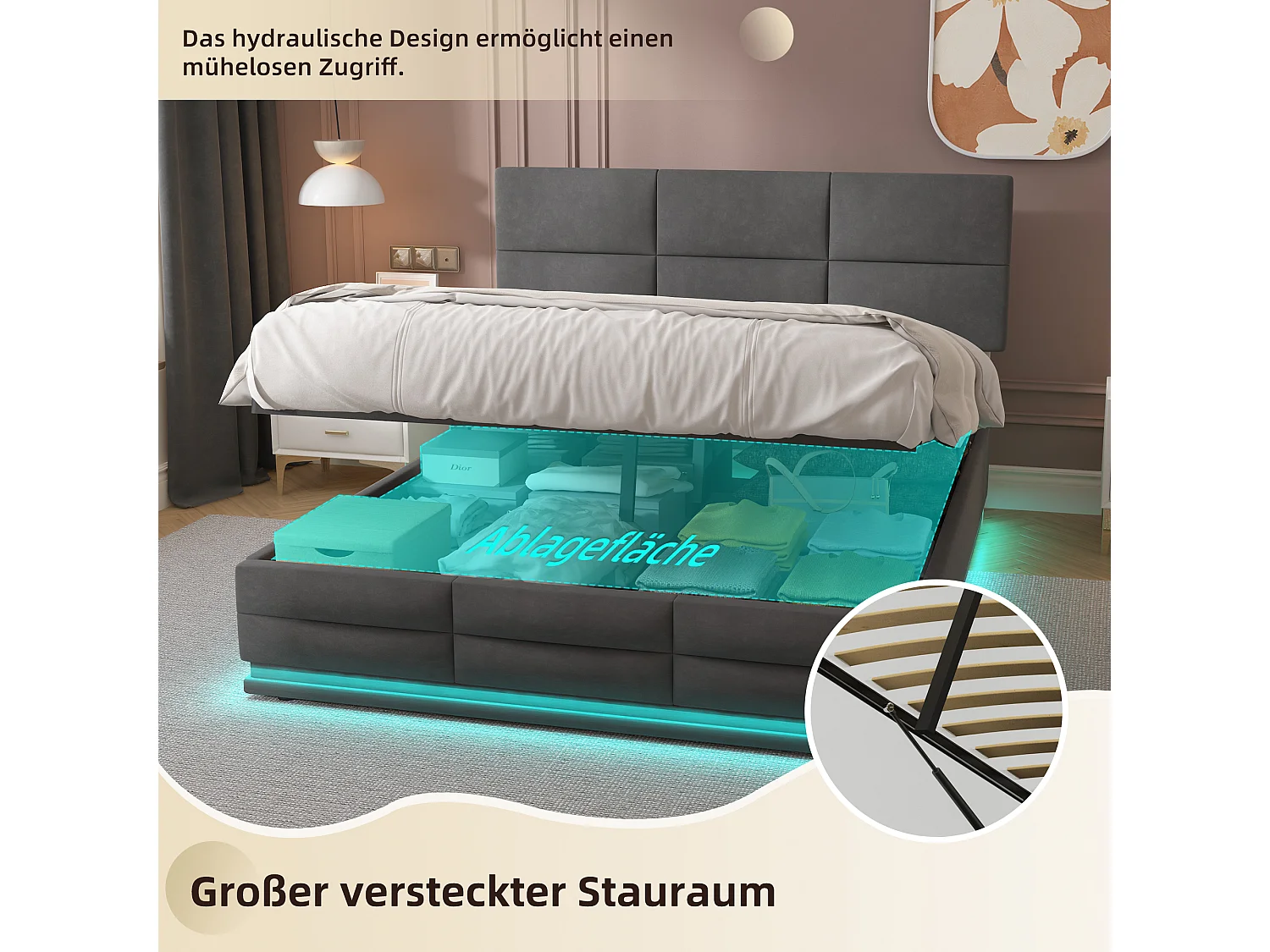 Letto matrimoniale contenitore imbottito idraulico 160 x 200 cm in velluto delicato sulla pelle con luci LED e caricabatterie USB, grigio