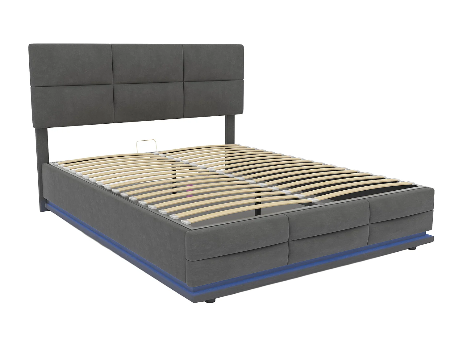 Letto matrimoniale contenitore imbottito idraulico 160 x 200 cm in velluto delicato sulla pelle con luci LED e caricabatterie USB, grigio