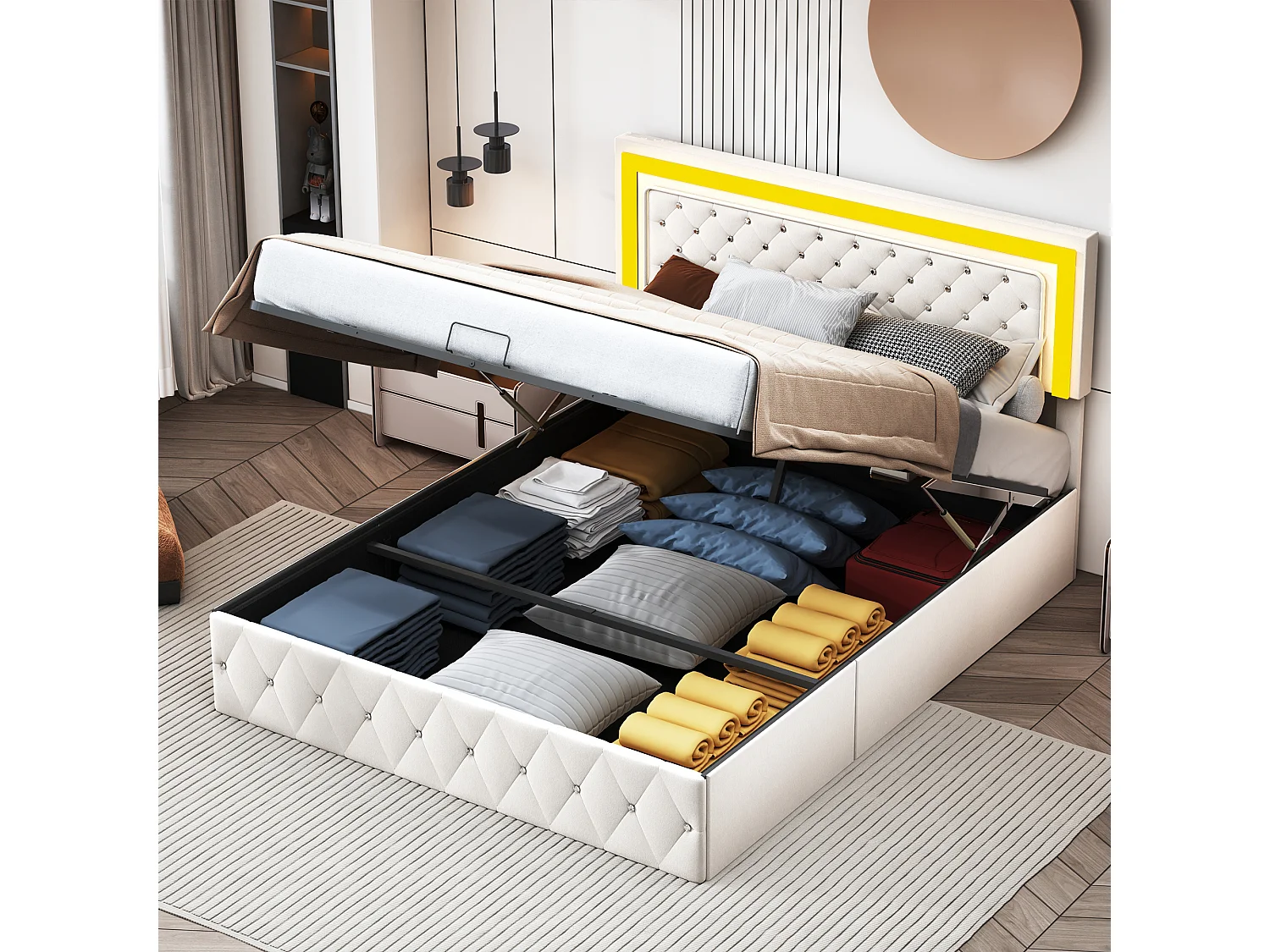 Letto contenitore in velluto 160x200 cm - con LED e rete a doghe - Letto contenitore matrimoniale - con testiera regolabile in altezza - Beige