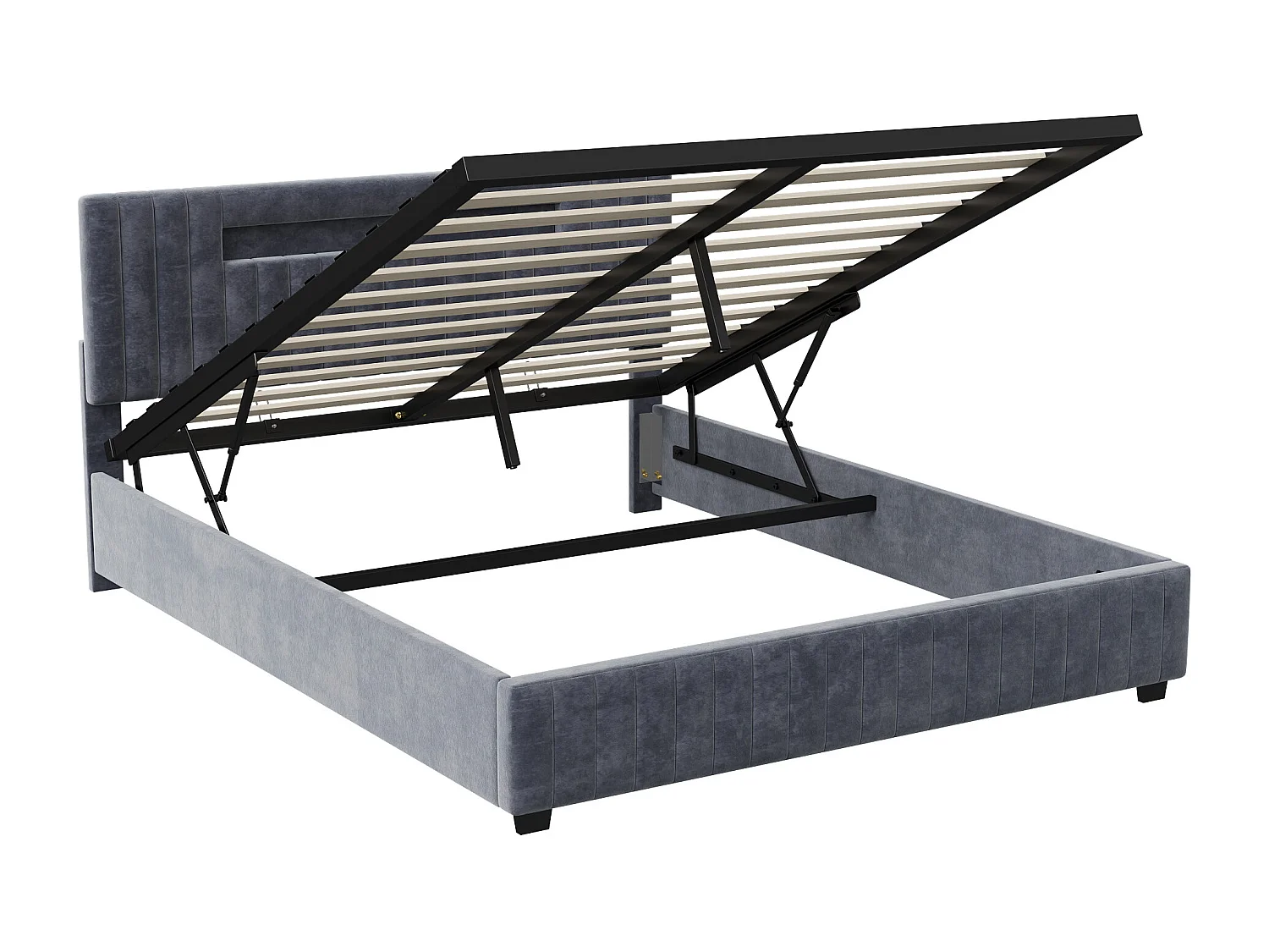 Lit coffre 160x200cm - Lit double avec sommier à lattes et tête de lit LED avec rangemet, en tissu velours gris