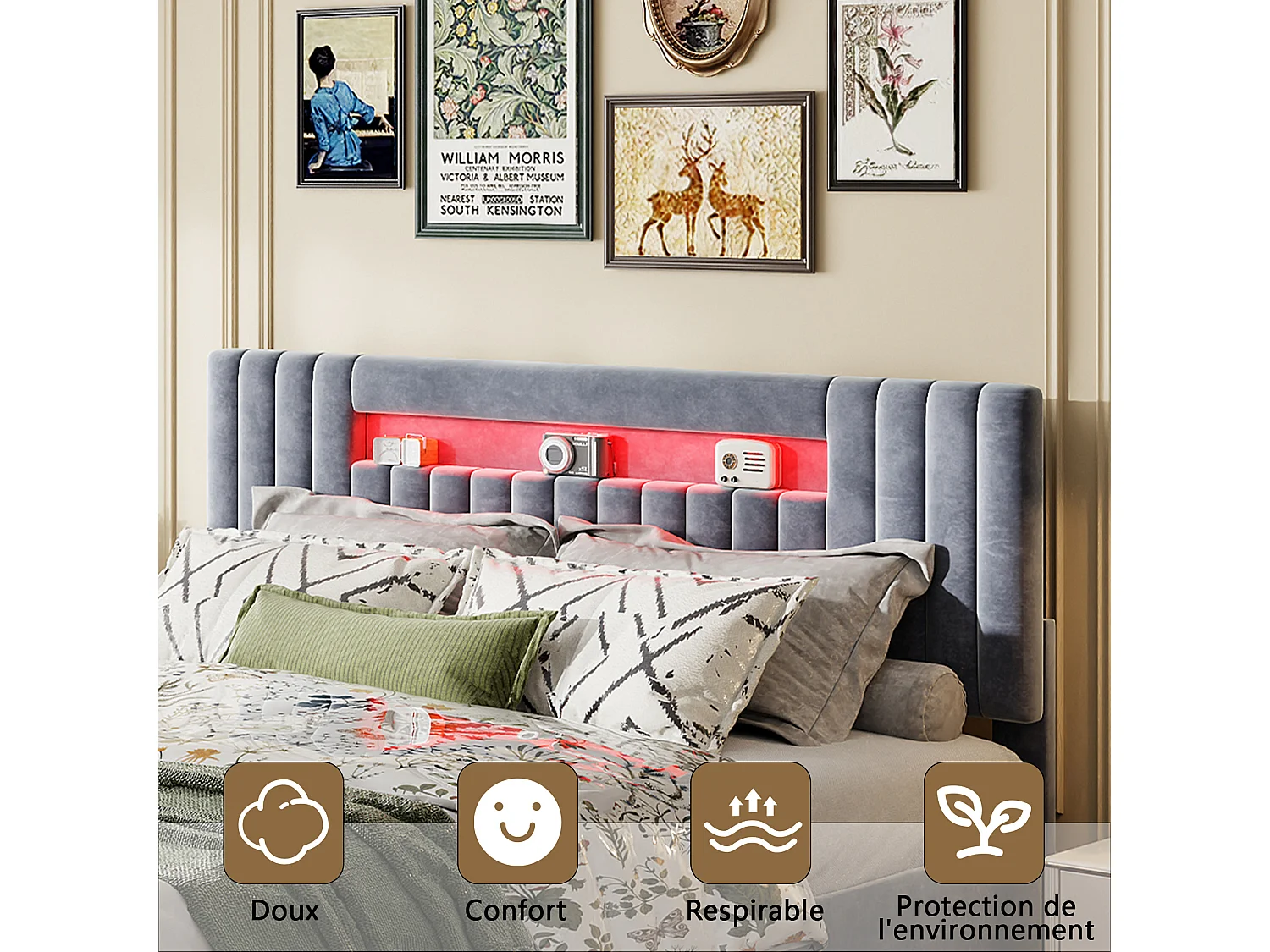 Lit coffre 160x200cm - Lit double avec sommier à lattes et tête de lit LED avec rangemet, en tissu velours gris