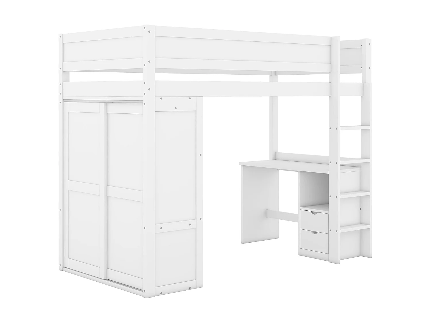 Cama alta 90x200cm, cama infantil polivalente, equipada con armario, escritorio y cajones, escalera, somier de láminas, pino, blanco