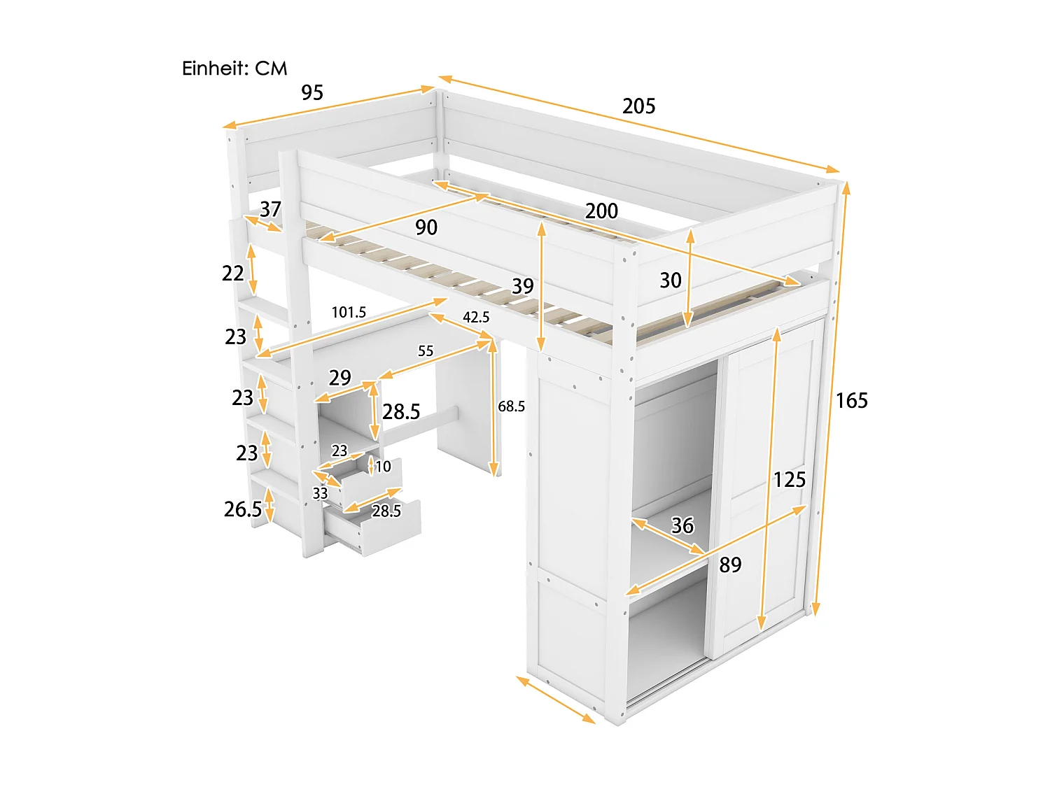 Lit mezzanine 90x200cm, lit enfant polyvalent, équipé d'armoire, bureau et tiroirs, échelle, sommier à lattes, pin, blanc