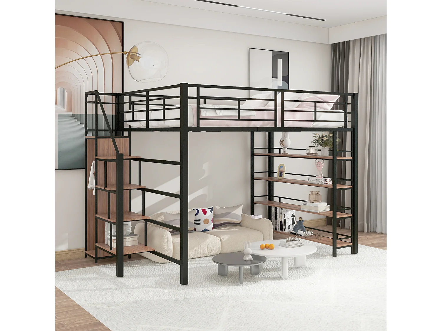 Cama alta 140x200cm, cama infantil con escaleras y baldas de almacenaje y pequeño armario, diseño de valla alta, color negro