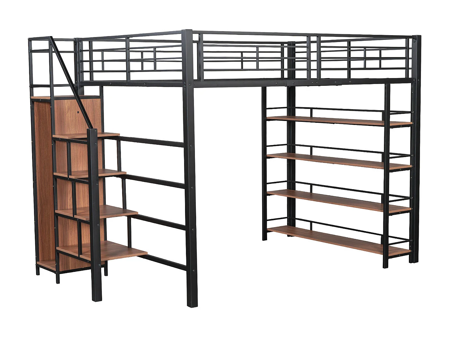 Letto a soppalco 140x200cm, letto per bambini con scale e ripiani portaoggetti e piccolo armadio, design con recinzione alta, nero