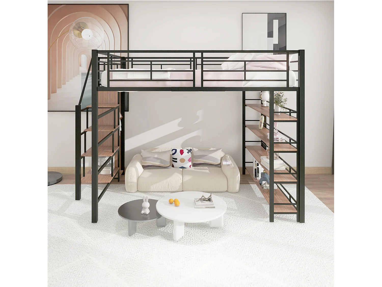 Letto a soppalco 140x200cm, letto per bambini con scale e ripiani portaoggetti e piccolo armadio, design con recinzione alta, nero
