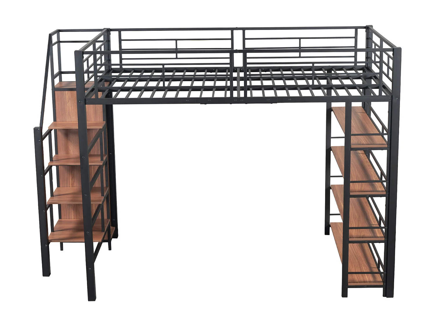 Lit mezzanine 140x200cm, lit enfant avec échelles et étagères de rangement et petite penderie, design haute clôture, noir