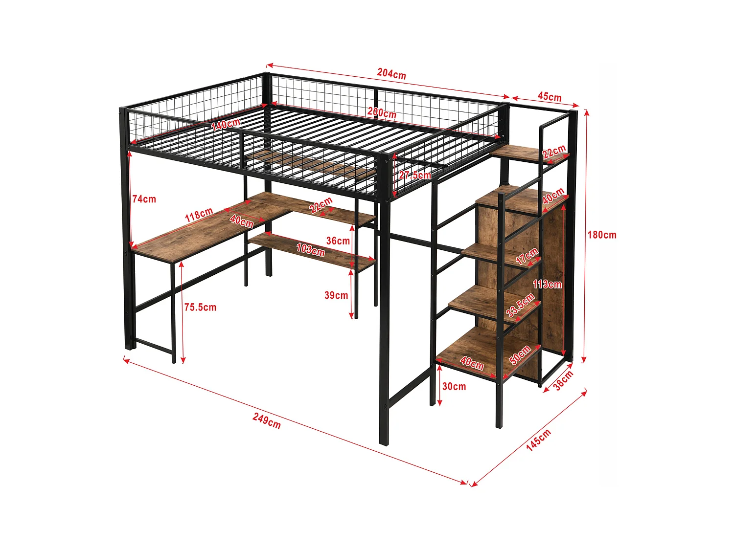 Lit mezzanine 90x200cm, cadre en fer, avec sous plateau bureau L, plusieurs étagères, escaliers et armoire intégrée, noir
