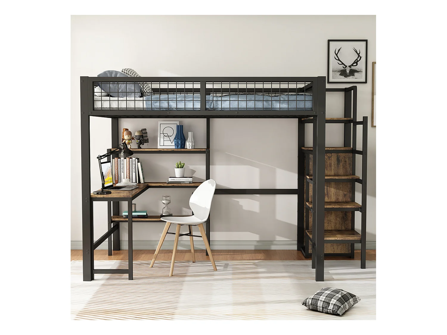 Lit mezzanine 90x200cm, cadre en fer, avec sous plateau bureau L, plusieurs étagères, escaliers et armoire intégrée, noir
