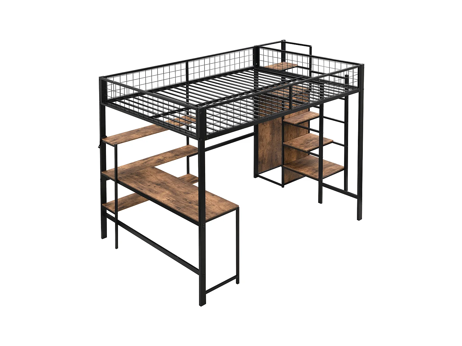 Lit mezzanine 90x200cm, cadre en fer, avec sous plateau bureau L, plusieurs étagères, escaliers et armoire intégrée, noir