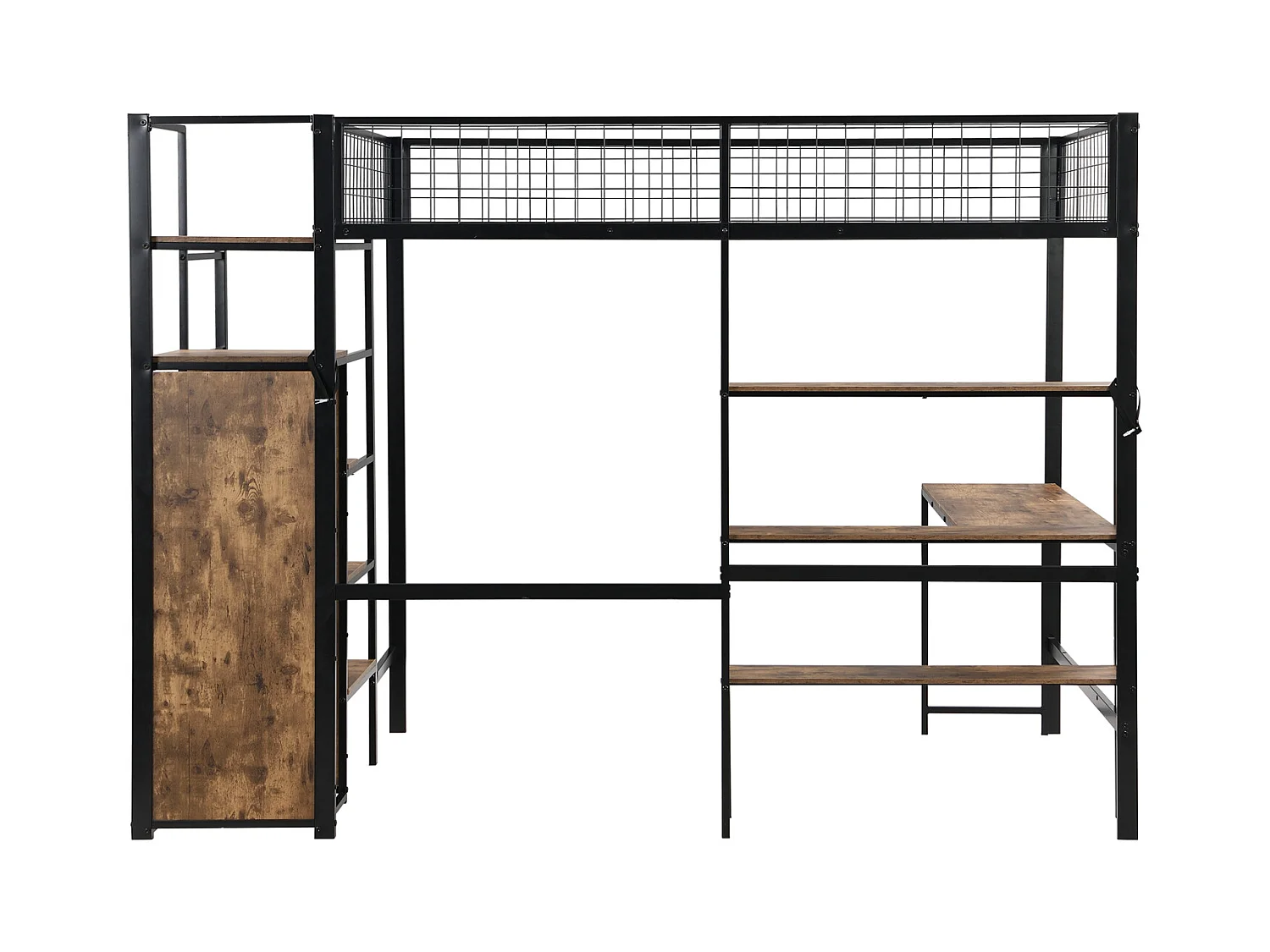 Lit mezzanine 90x200cm, cadre en fer, avec sous plateau bureau L, plusieurs étagères, escaliers et armoire intégrée, noir