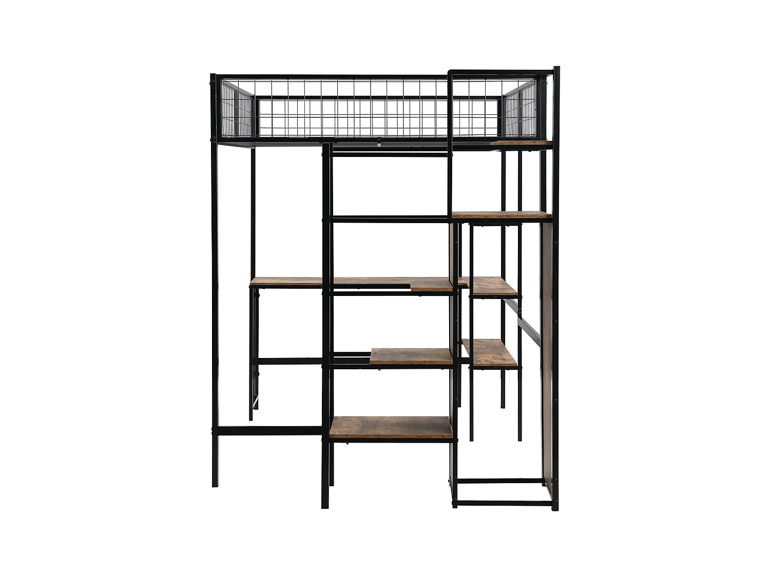 Lit mezzanine 90x200cm, cadre en fer, avec sous plateau bureau L, plusieurs étagères, escaliers et armoire intégrée, noir