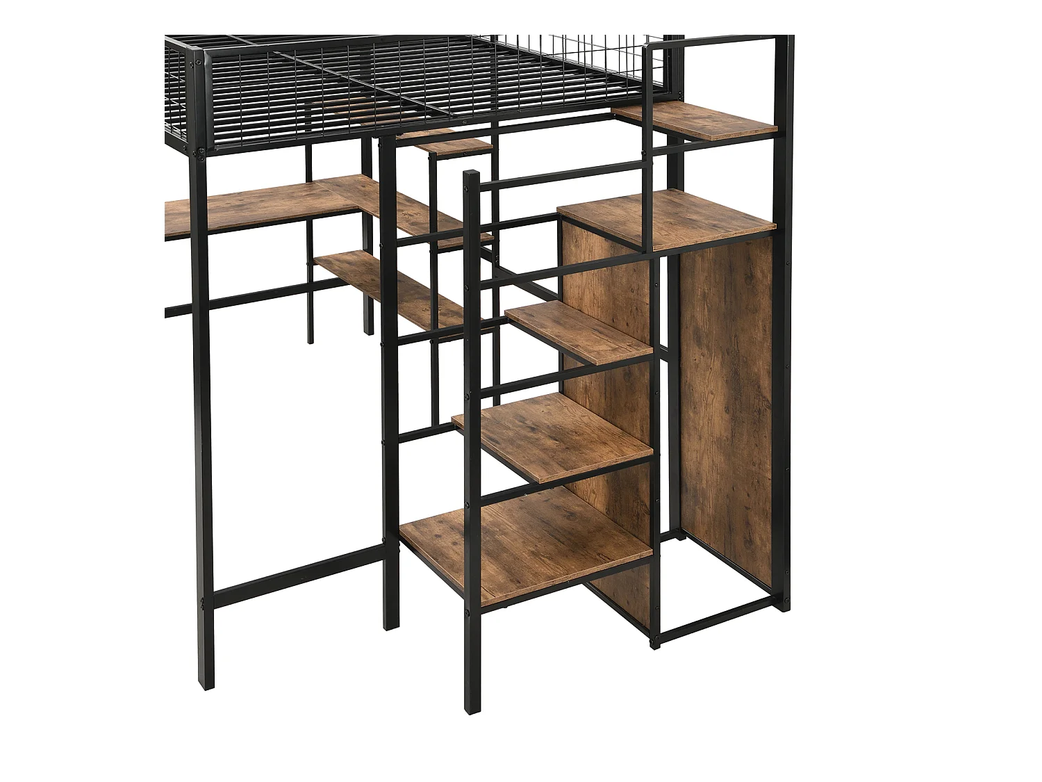 Lit mezzanine 90x200cm, cadre en fer, avec sous plateau bureau L, plusieurs étagères, escaliers et armoire intégrée, noir