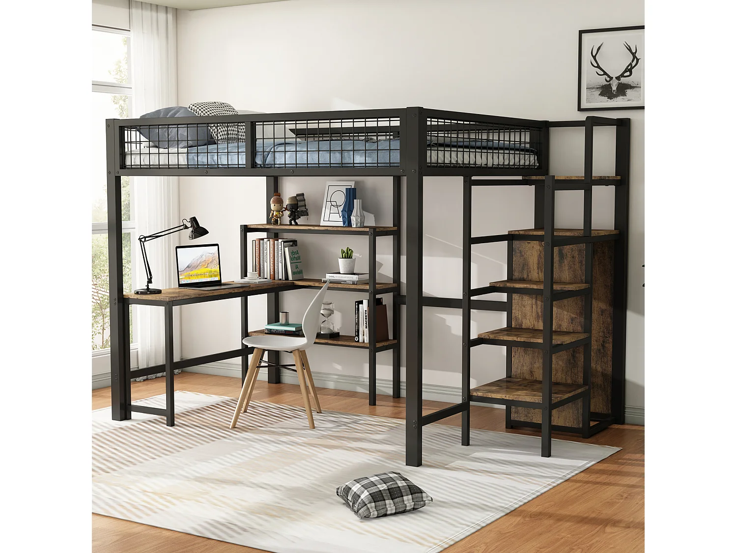 Lit mezzanine 90x200cm, cadre en fer, avec sous plateau bureau L, plusieurs étagères, escaliers et armoire intégrée, noir