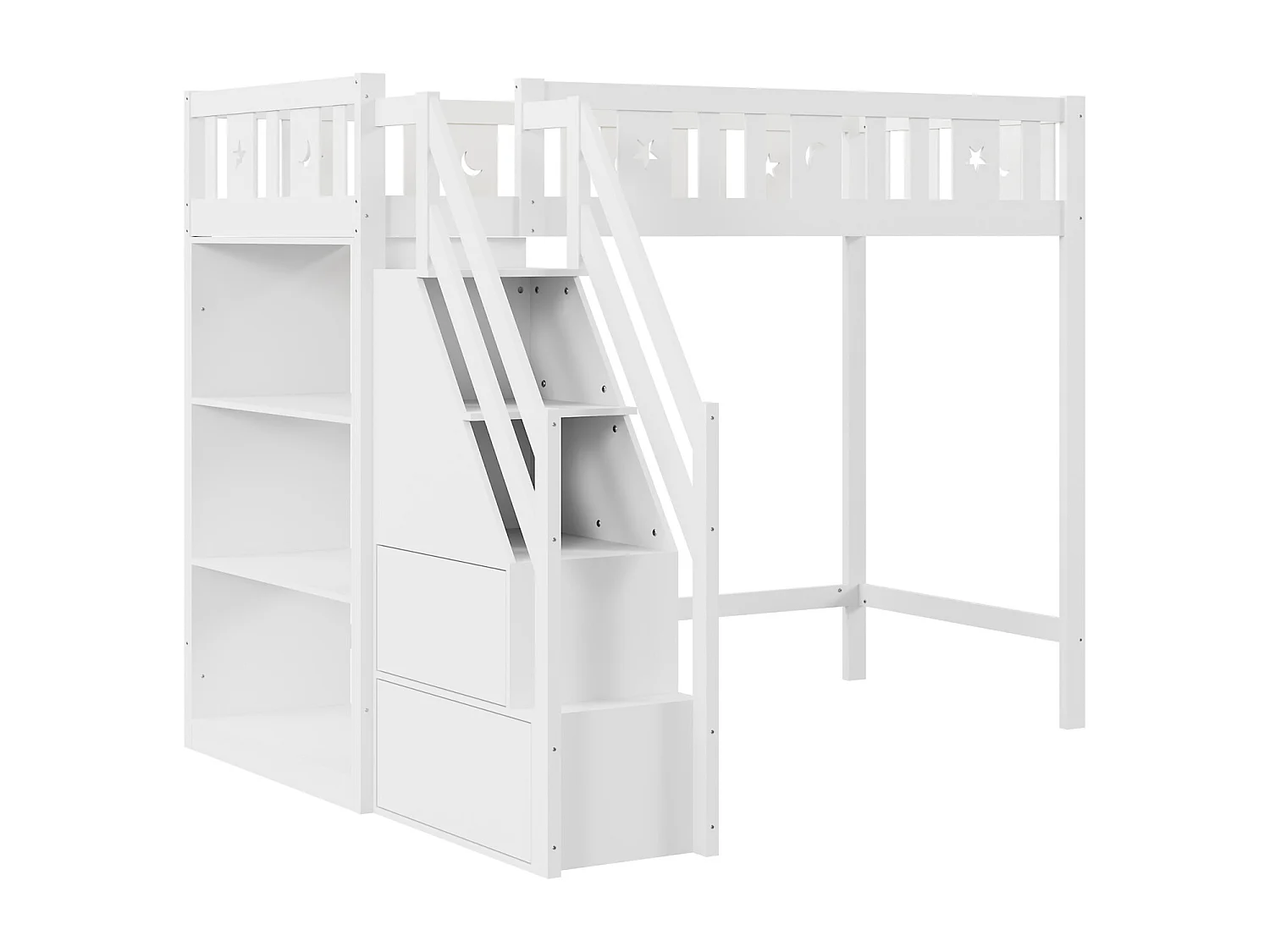 Hoogslaper 90x200 cm, kinderbed met ladder en opbergplanken, valbeveiliging, massief houten constructie, wit