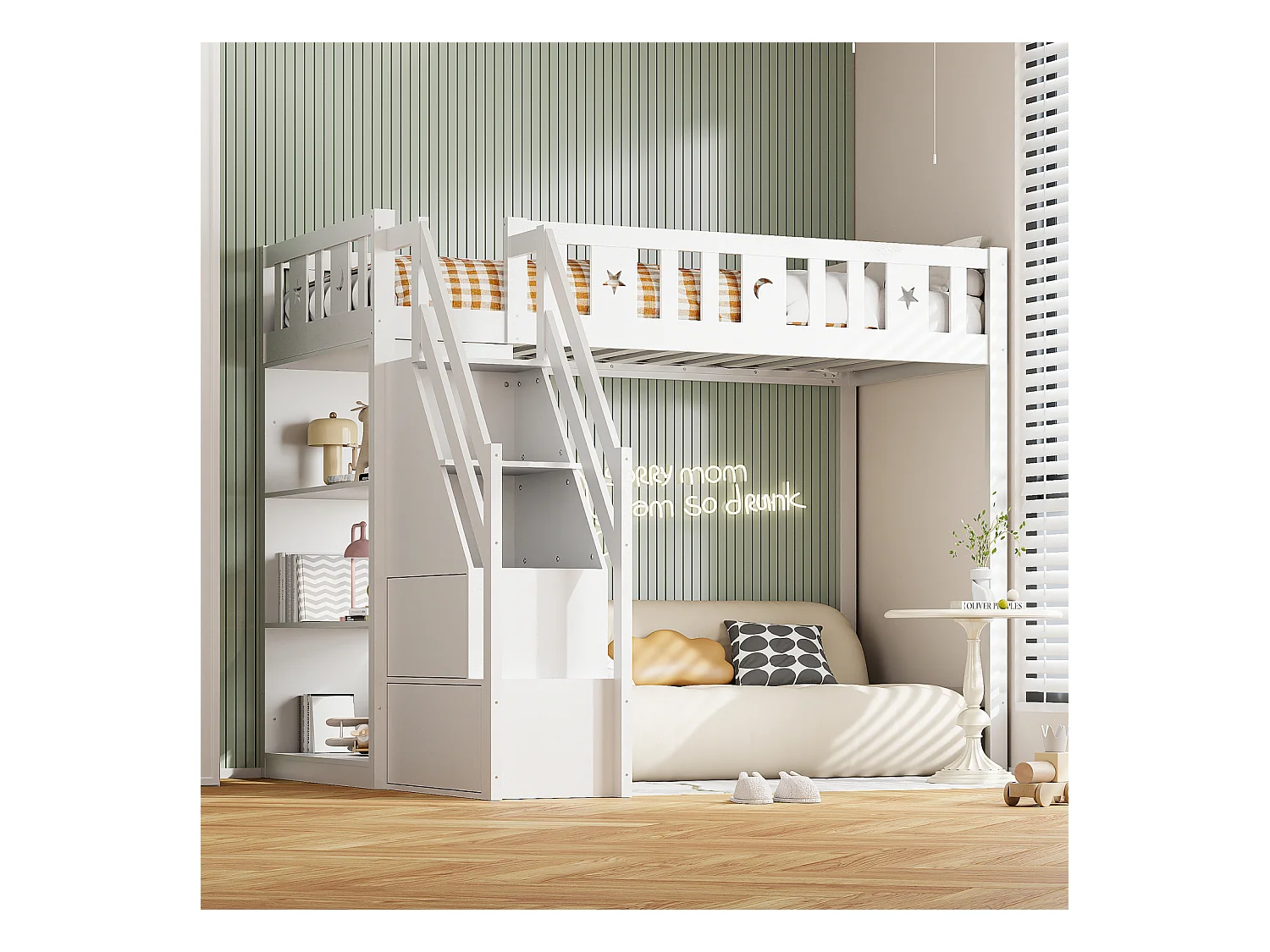Mezzaninebed 90x200 cm, kinderbed met ladder en opbergplanken, valbeveiliging, massief houten structuur, wit