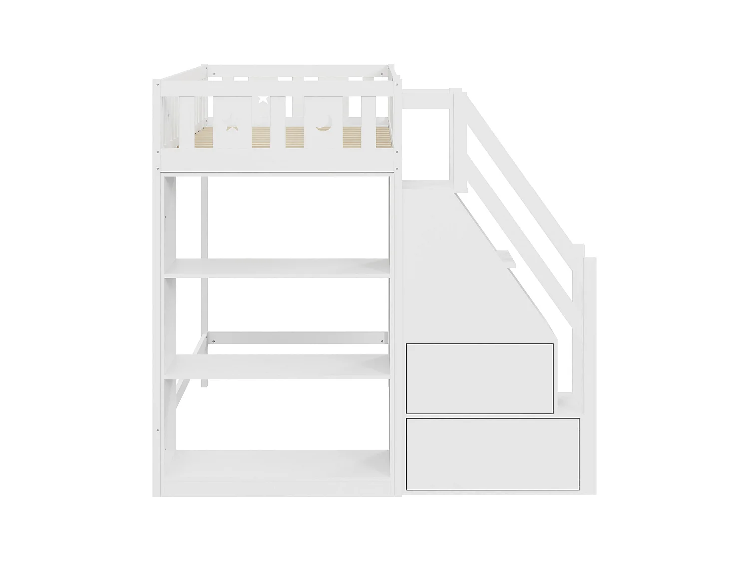 Lit mezzanine 90x200 cm, lit enfant avec avec échelle et étagères de rangement, antichute, structure en bois massif, blanc