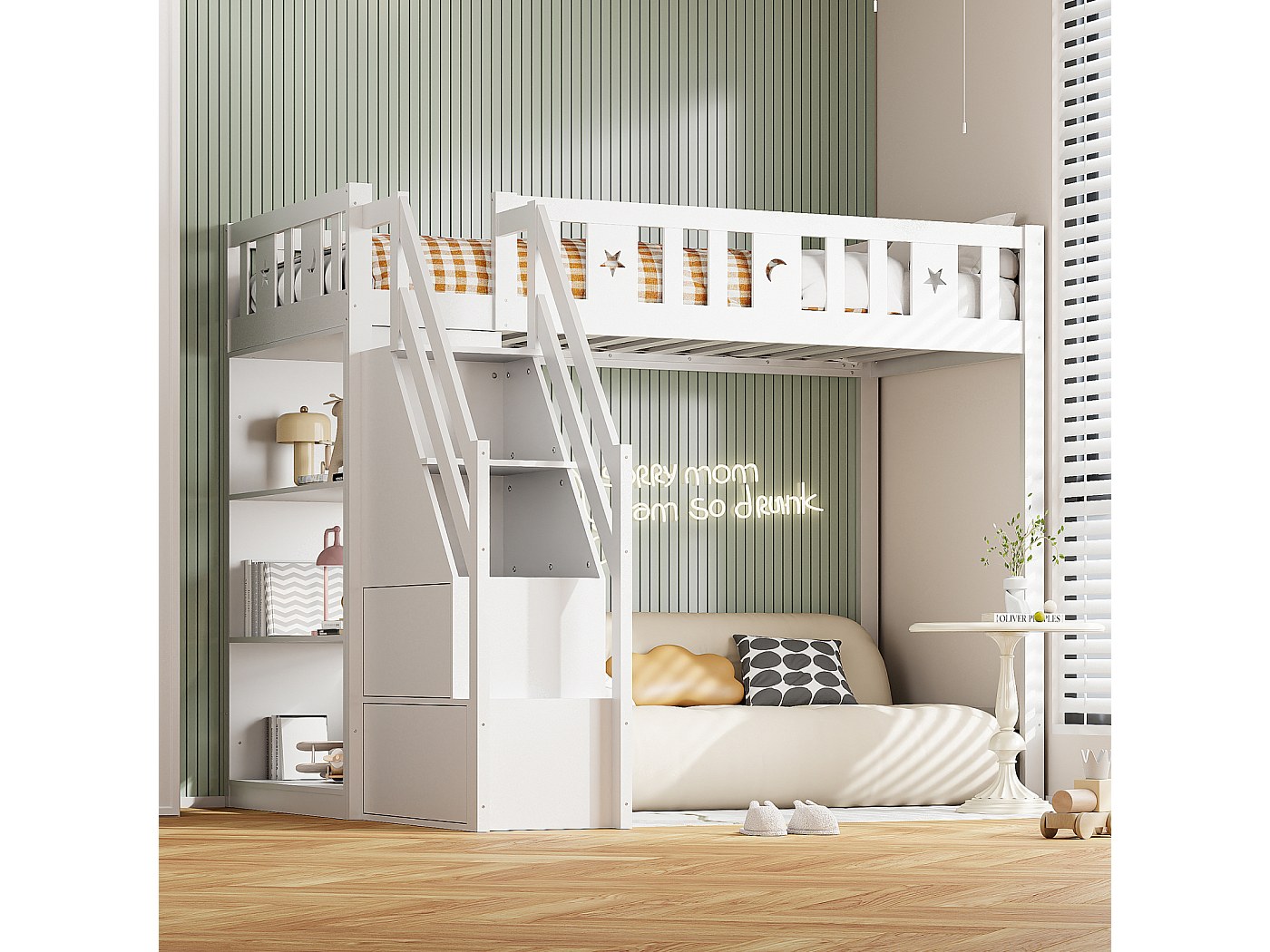 Lit Mezzanine Enfant 90x200 Cm - Avec Escalier Rangement Et Barrière - Bois Blanc - Convertible En 2 Lits Simples