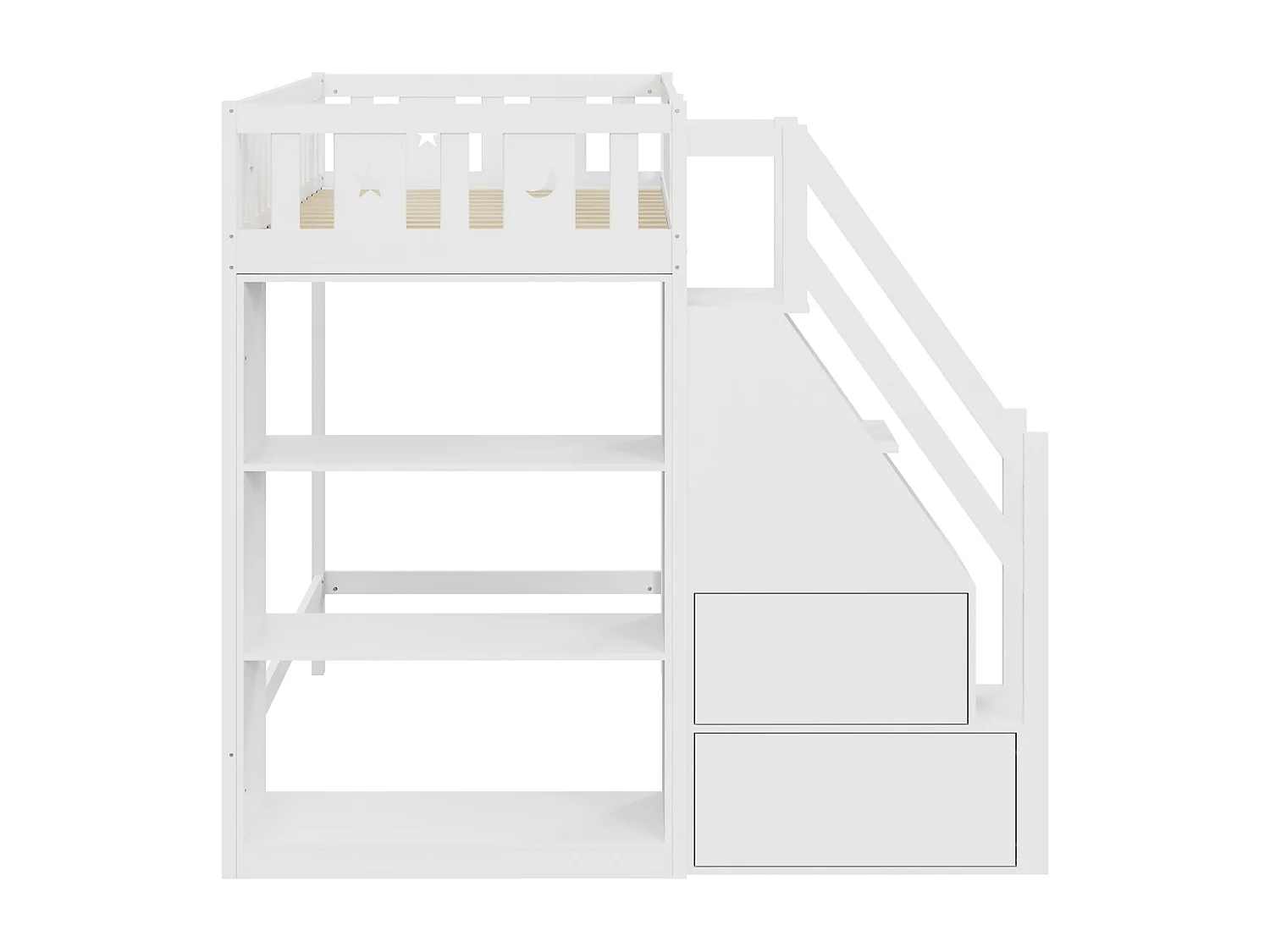 Lit mezzanine 90x200 cm, lit enfant avec avec échelle et étagères de rangement, antichute, structure en bois massif, blanc