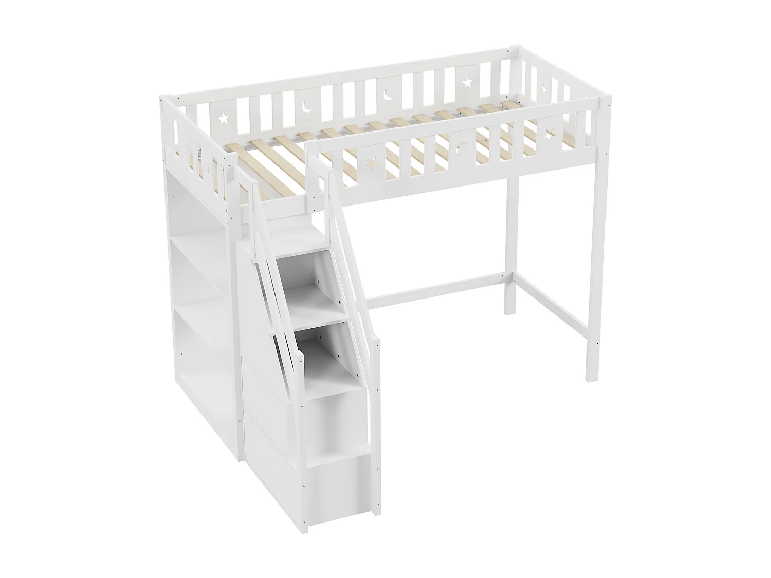 Lit mezzanine 90x200 cm, lit enfant avec avec échelle et étagères de rangement, antichute, structure en bois massif, blanc