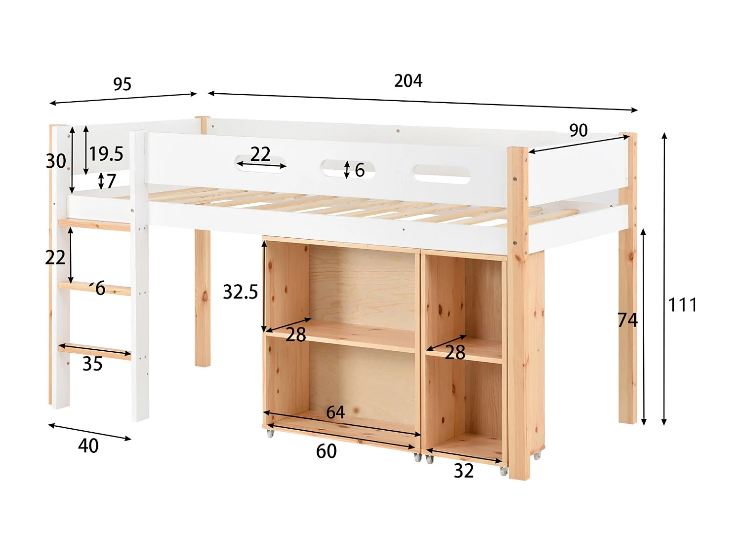 Hoogslaper 90x200cm, met verplaatsbare kledingkast, trap, massief hout, anti-val, grenen + MDF, naturel + wit