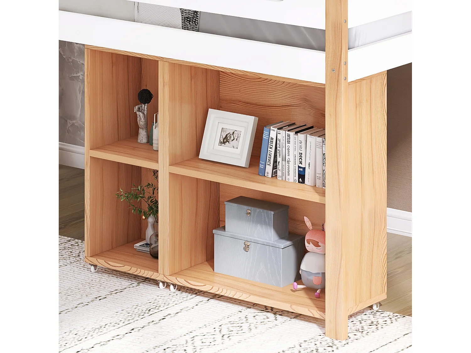 Hoogslaper 90x200cm, met verplaatsbare kledingkast, trap, massief hout, anti-val, grenen + MDF, naturel + wit