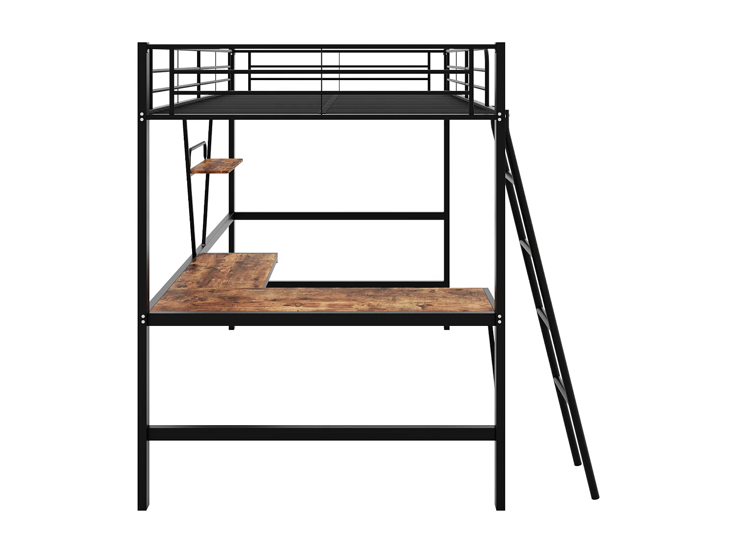Hoogslaper 90x200cm, metalen frame, verhoogd bed met ladder, L-vormig bureau en 1 plank voor kinderen, tieners, zwart