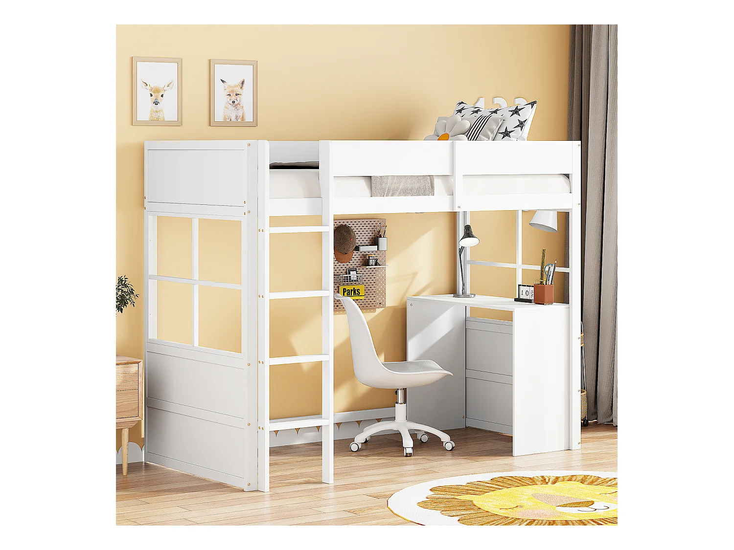 90*200cm Houten Hoogslaper, Veiligheidstrap, met Tafel, Hoog Hekontwerp, Eenpersoonsbed, Babybed, Wit