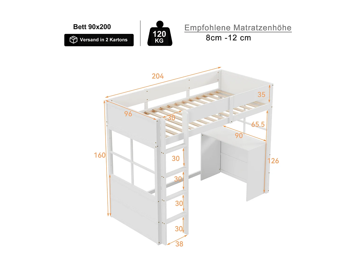 Lit mezzanine en bois 90*200cm, escalier de sécurité, avec table, conception de clôture haute, lit simple, lit bébé, blanc
