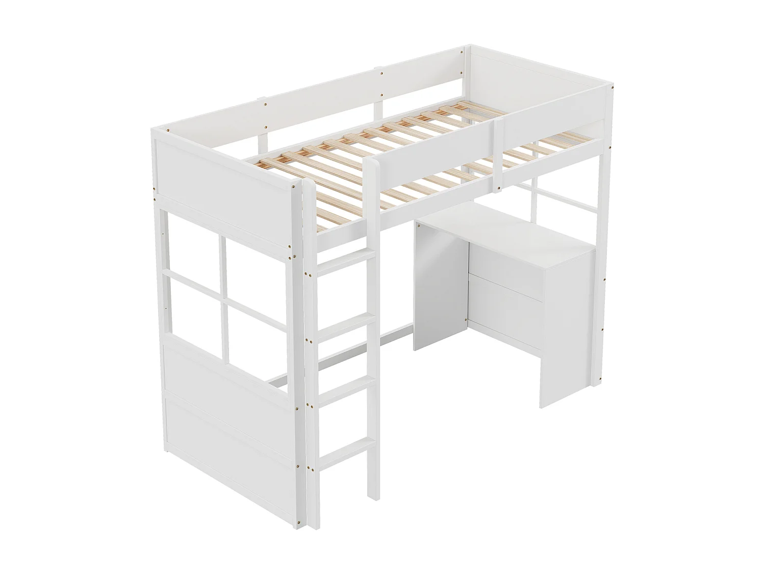Lit mezzanine en bois 90*200cm, escalier de sécurité, avec table, conception de clôture haute, lit simple, lit bébé, blanc