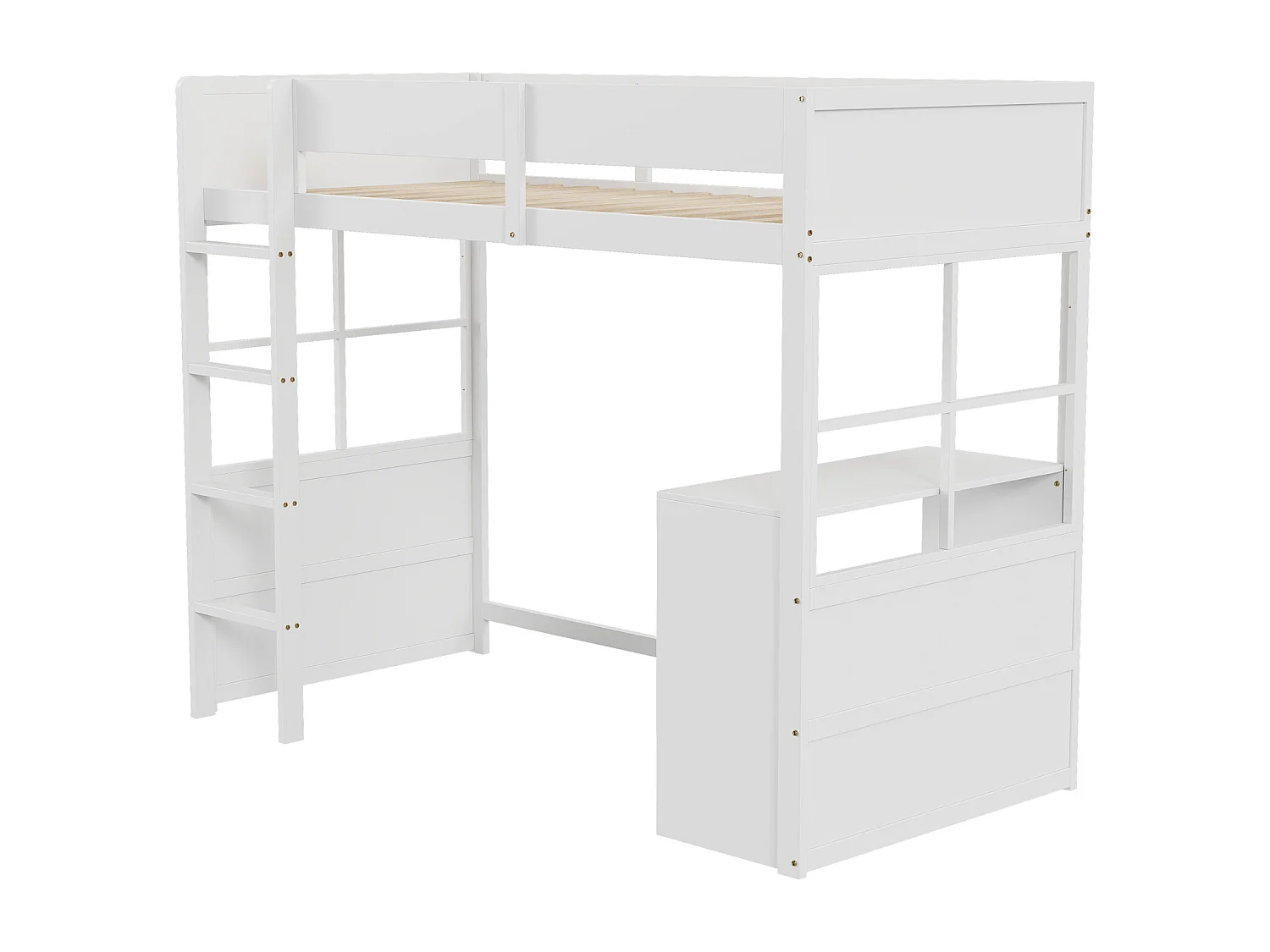 Lit mezzanine en bois 90*200cm, escalier de sécurité, avec table, conception de clôture haute, lit simple, lit bébé, blanc