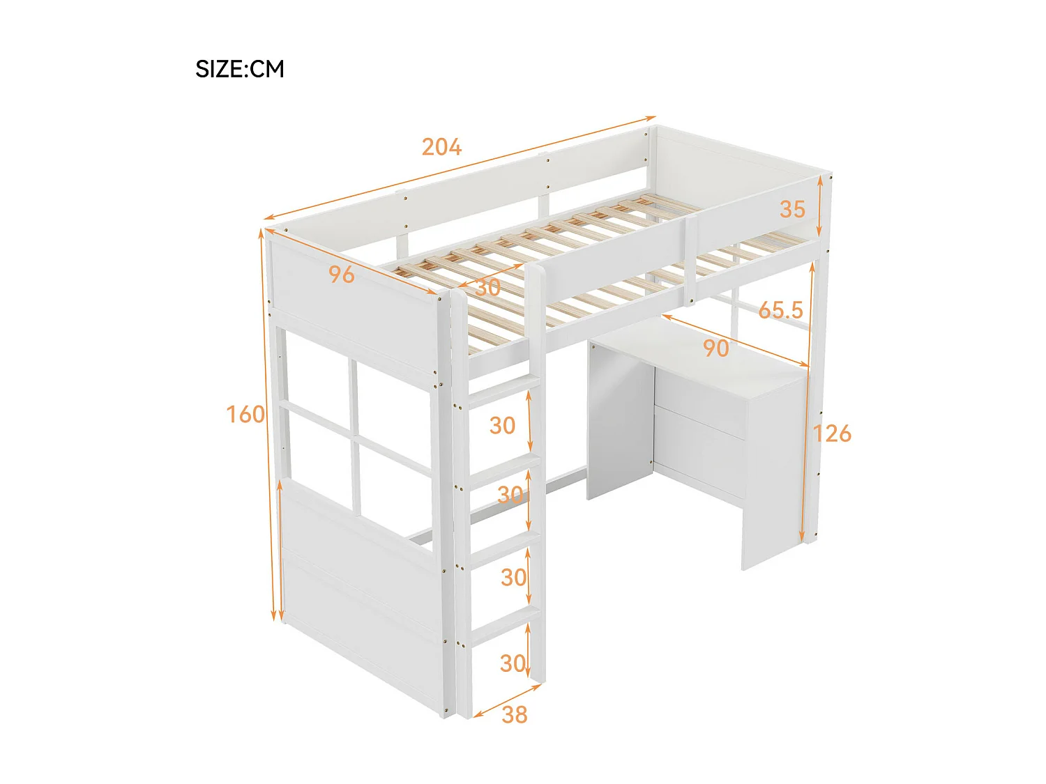 Lit mezzanine en bois 90*200cm, escalier de sécurité, avec table, conception de clôture haute, lit simple, lit bébé, blanc