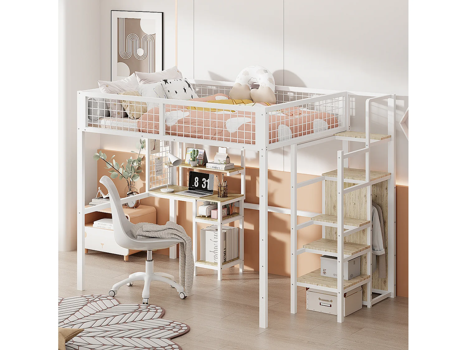 Hoogslaper 140x200cm, ijzeren kinderbed, met veiligheidsladder, computertafel, opbergplank, metalen gaas, wit