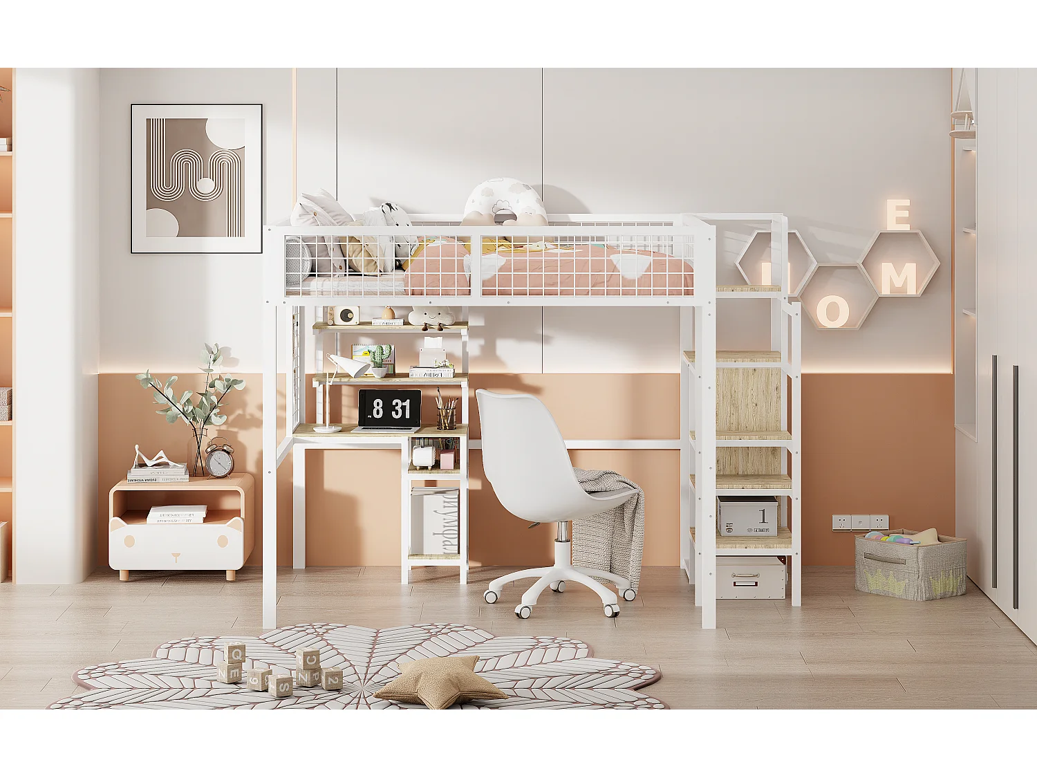 Hoogslaper 140x200cm, ijzeren kinderbed, met veiligheidsladder, computertafel, opbergplank, metalen gaas, wit