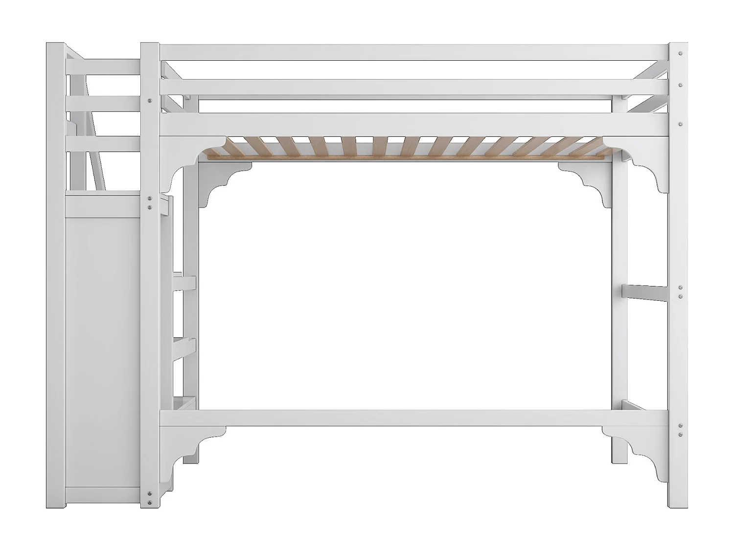 Hoogslaper 140x200cm, kinderbed met lattenbodem, trap met opbergkast, anti-val, wit
