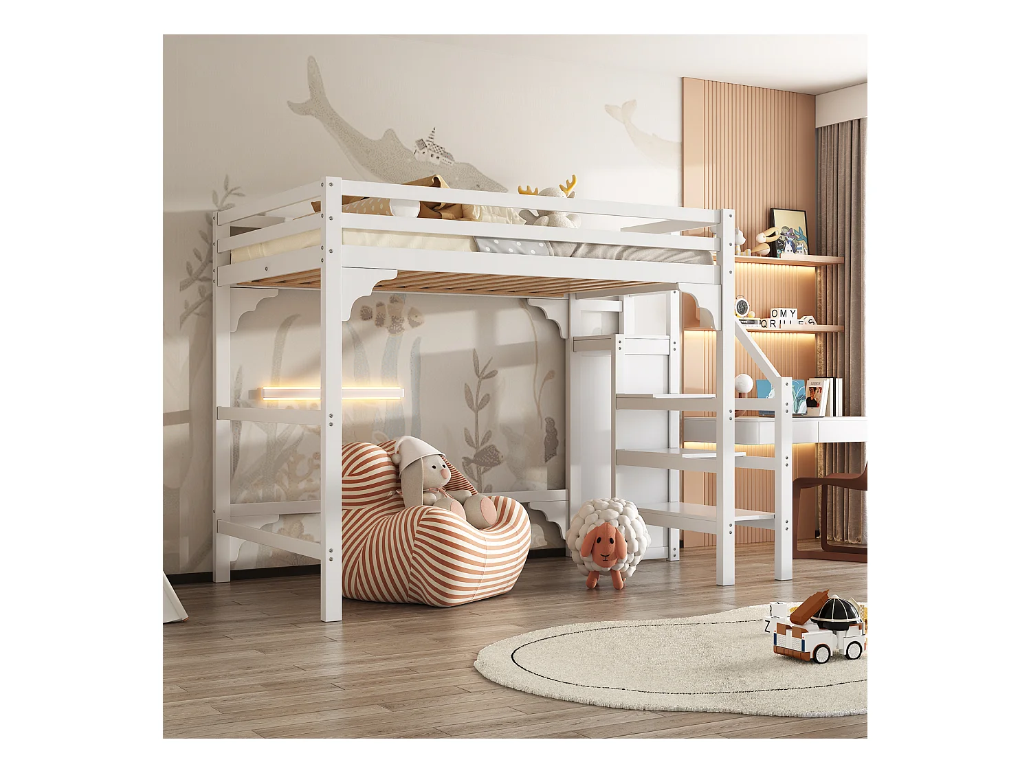 Letto a soppalco 140x200cm, letto per bambini con rete a doghe, scala con mobile contenitore, anticaduta, bianco