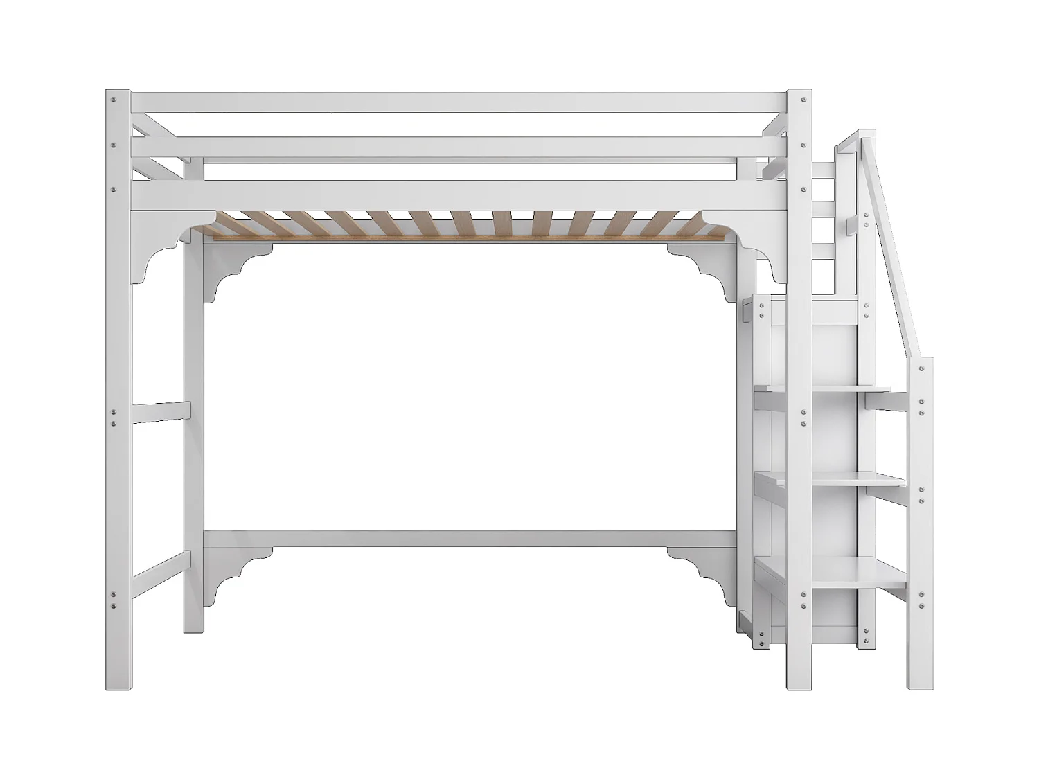 Letto a soppalco 140x200cm, letto per bambini con rete a doghe, scala con mobile contenitore, anticaduta, bianco