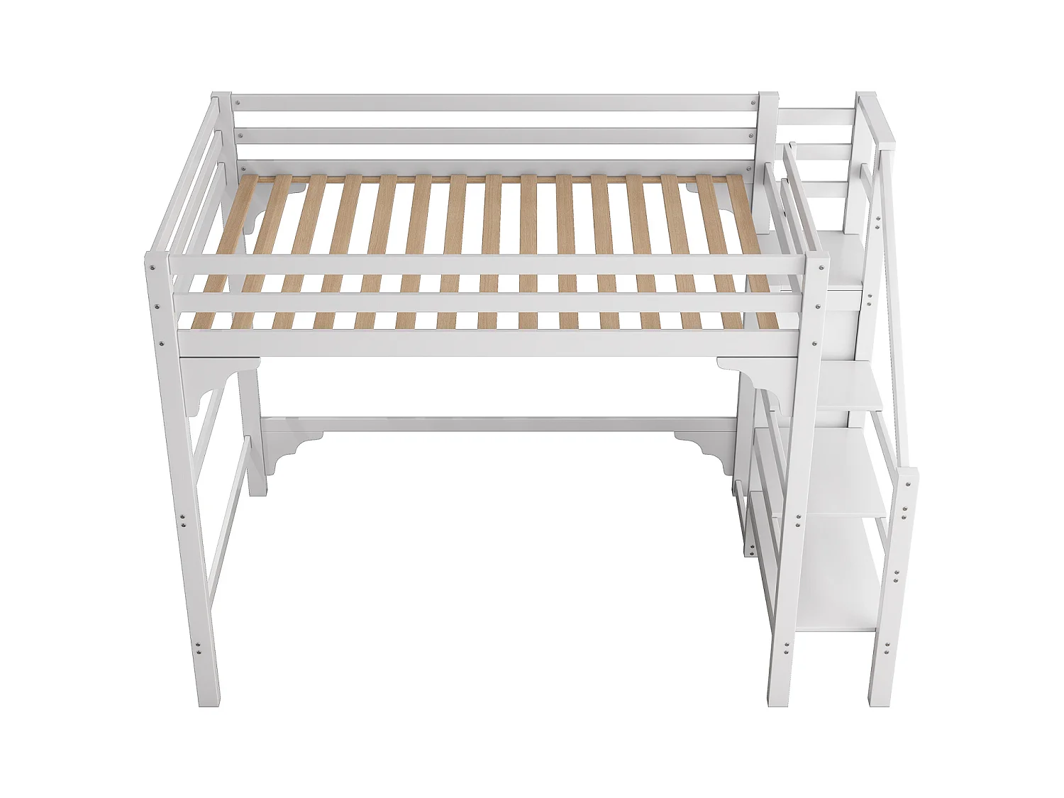Letto a soppalco 140x200cm, letto per bambini con rete a doghe, scala con mobile contenitore, anticaduta, bianco
