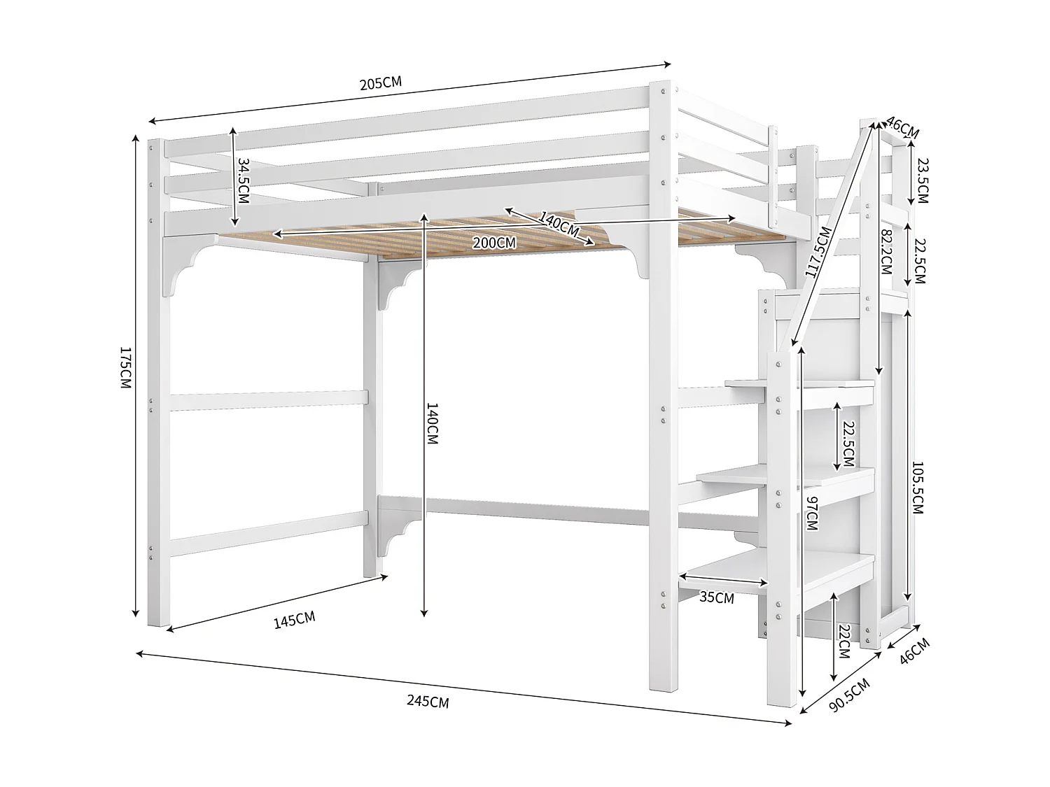 Lit mezzanine 140x200cm, lit d'enfant avec sommier à lattes, escalier avec armoire de rangement, anti-chute, blanc