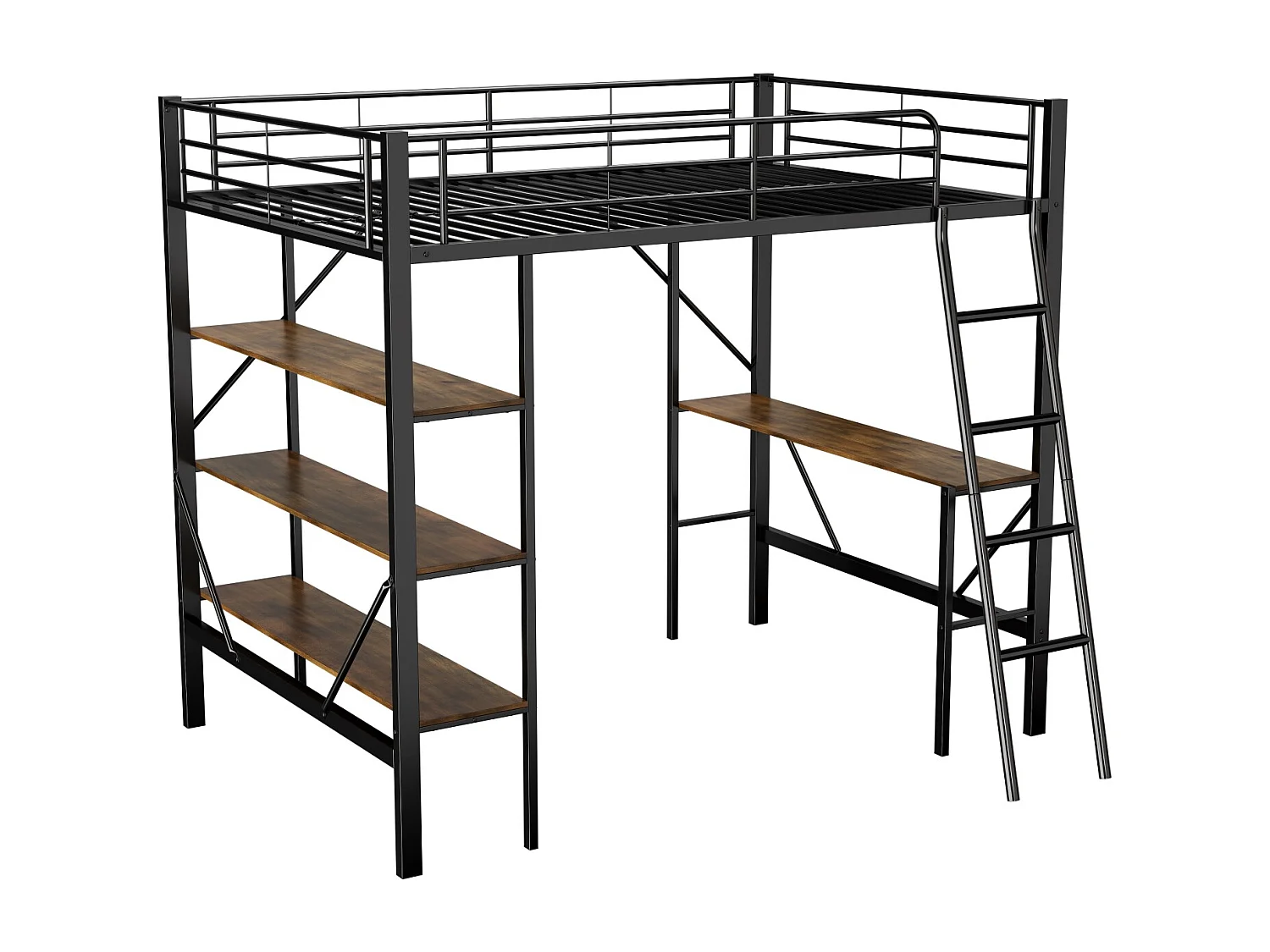 Cama alta de 90 x 200 cm, estructura de metal, con escalera, escritorio y 3 estantes grandes para niños y adolescentes, color negro