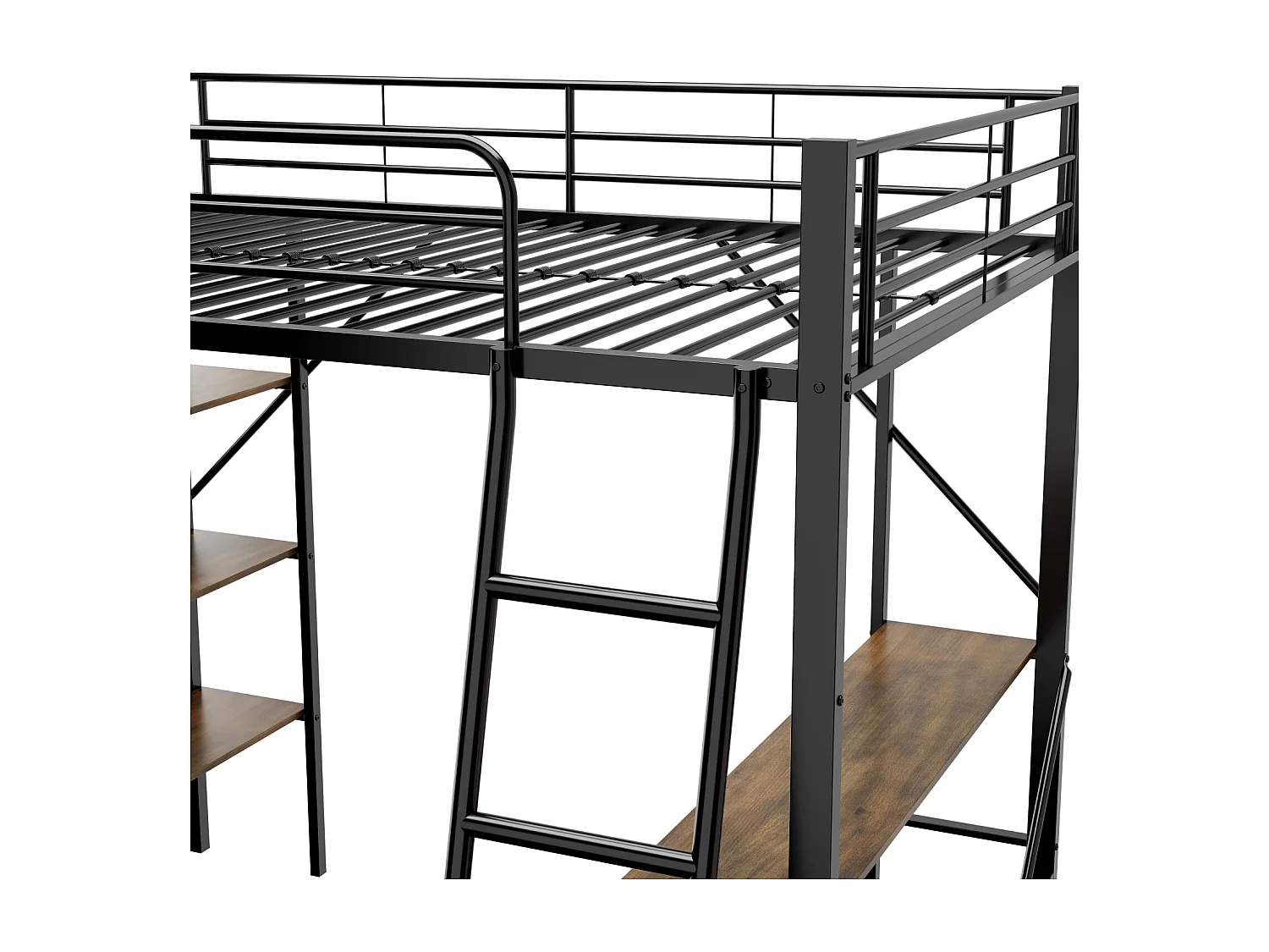 Cama alta de 90 x 200 cm, estructura de metal, con escalera, escritorio y 3 estantes grandes para niños y adolescentes, color negro