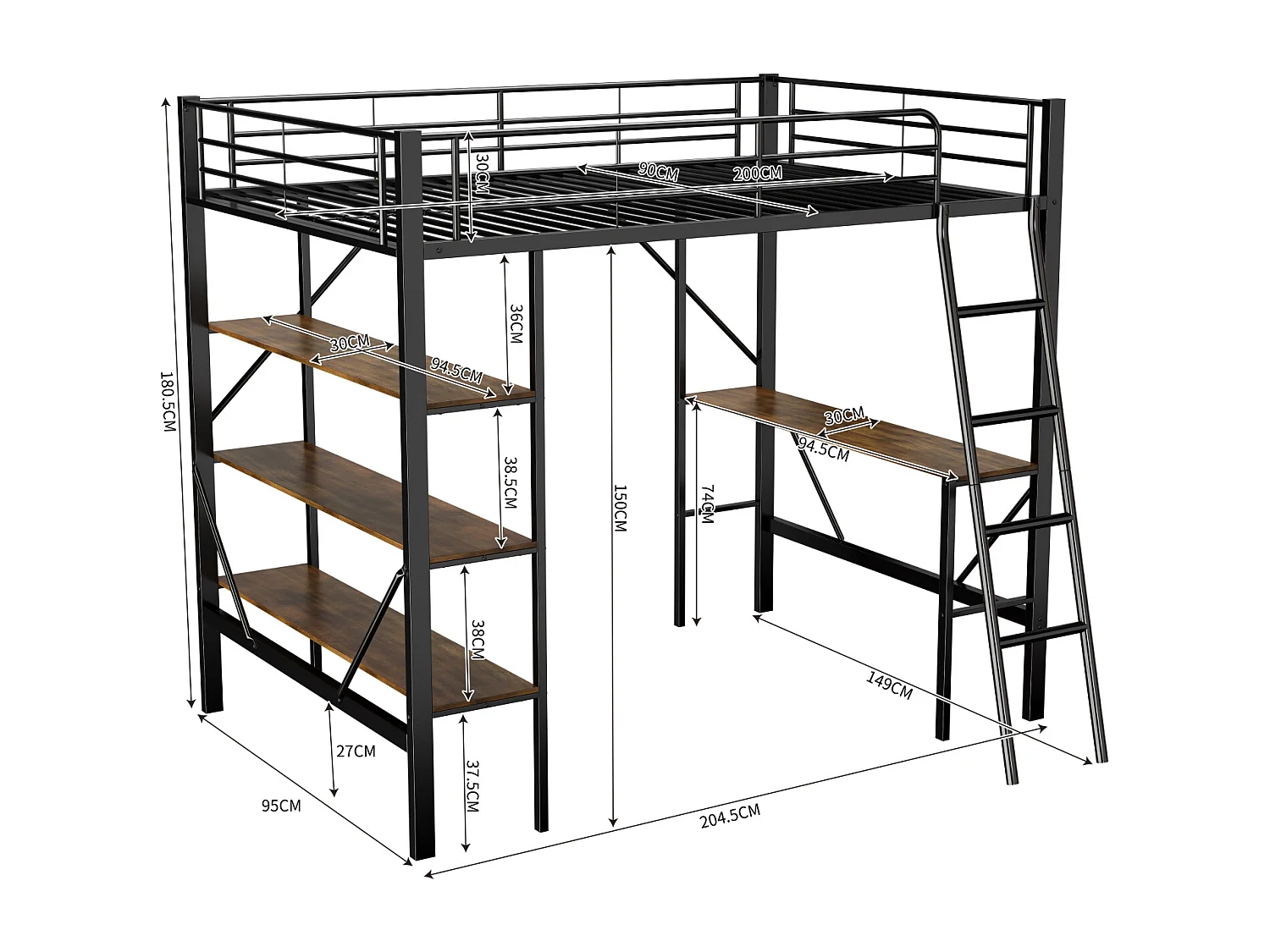 Lit mezzanine 90x200cm, cadre en métal, lit surélevé avec échelle, bureau et 3 grandes étagères pour enfants, adolescents, noir