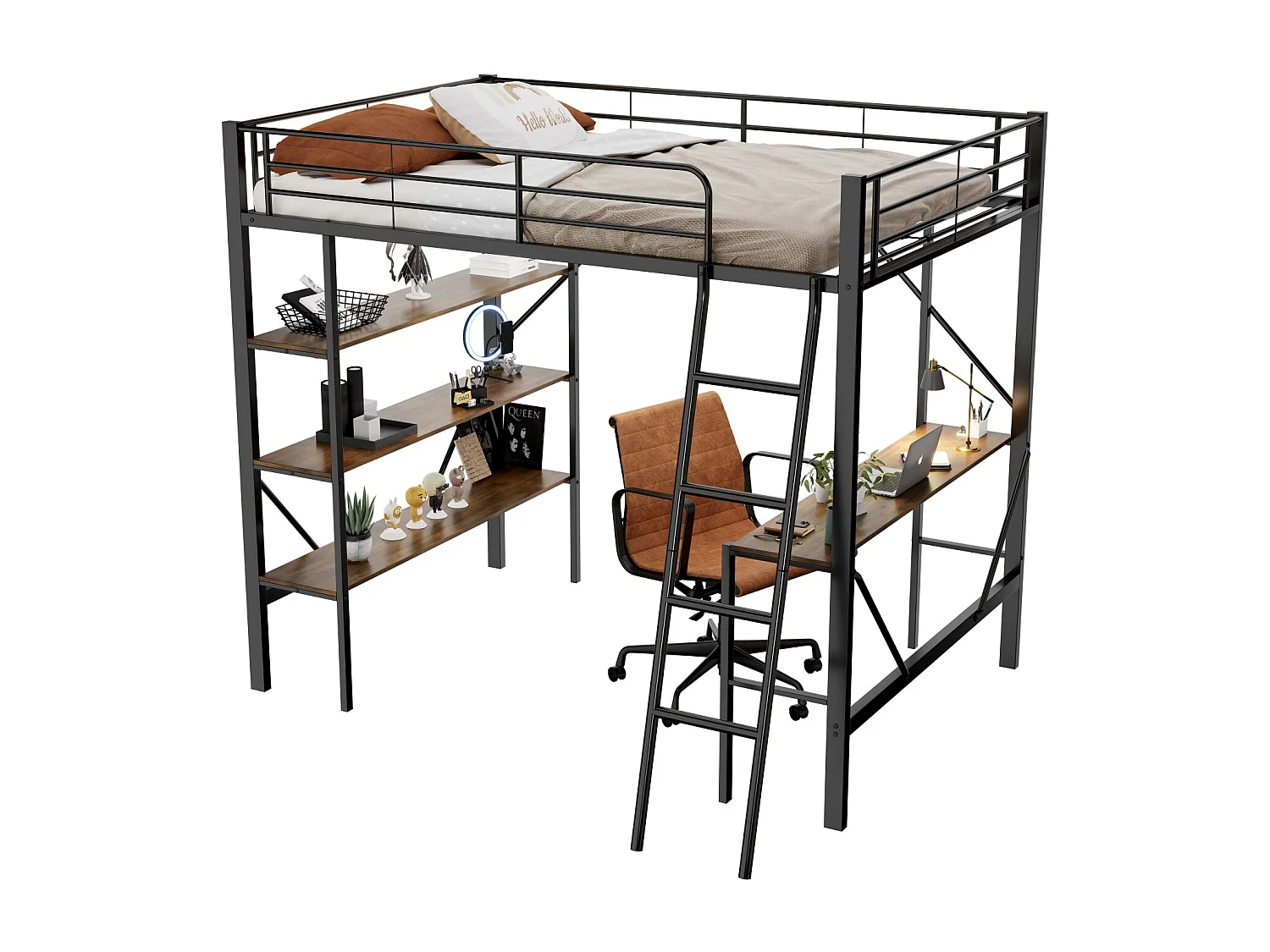 Lit mezzanine 90x200cm, cadre en métal, lit surélevé avec échelle, bureau et 3 grandes étagères pour enfants, adolescents, noir