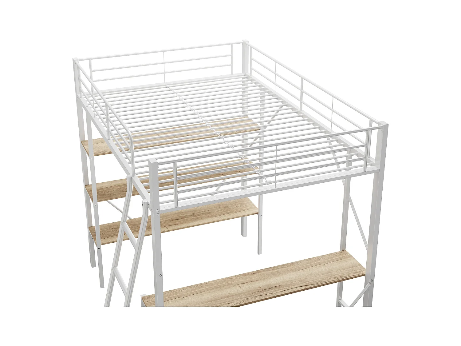 Lit mezzanine 90x200cm, cadre en métal, lit surélevé avec échelle, bureau et 3 grandes étagères pour enfants, adolescents, blanc