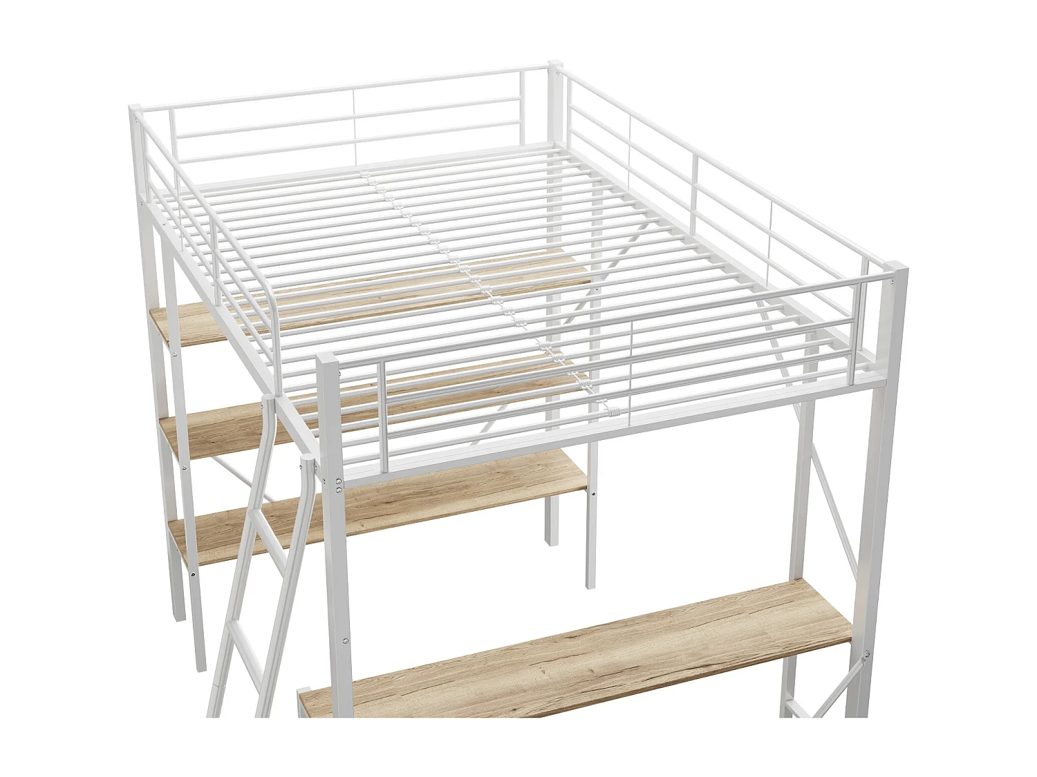 Letto a soppalco 90x200cm, struttura in metallo, letto rialzato con scaletta, scrivania e 3 grandi ripiani per bambini, adolescenti, bianco