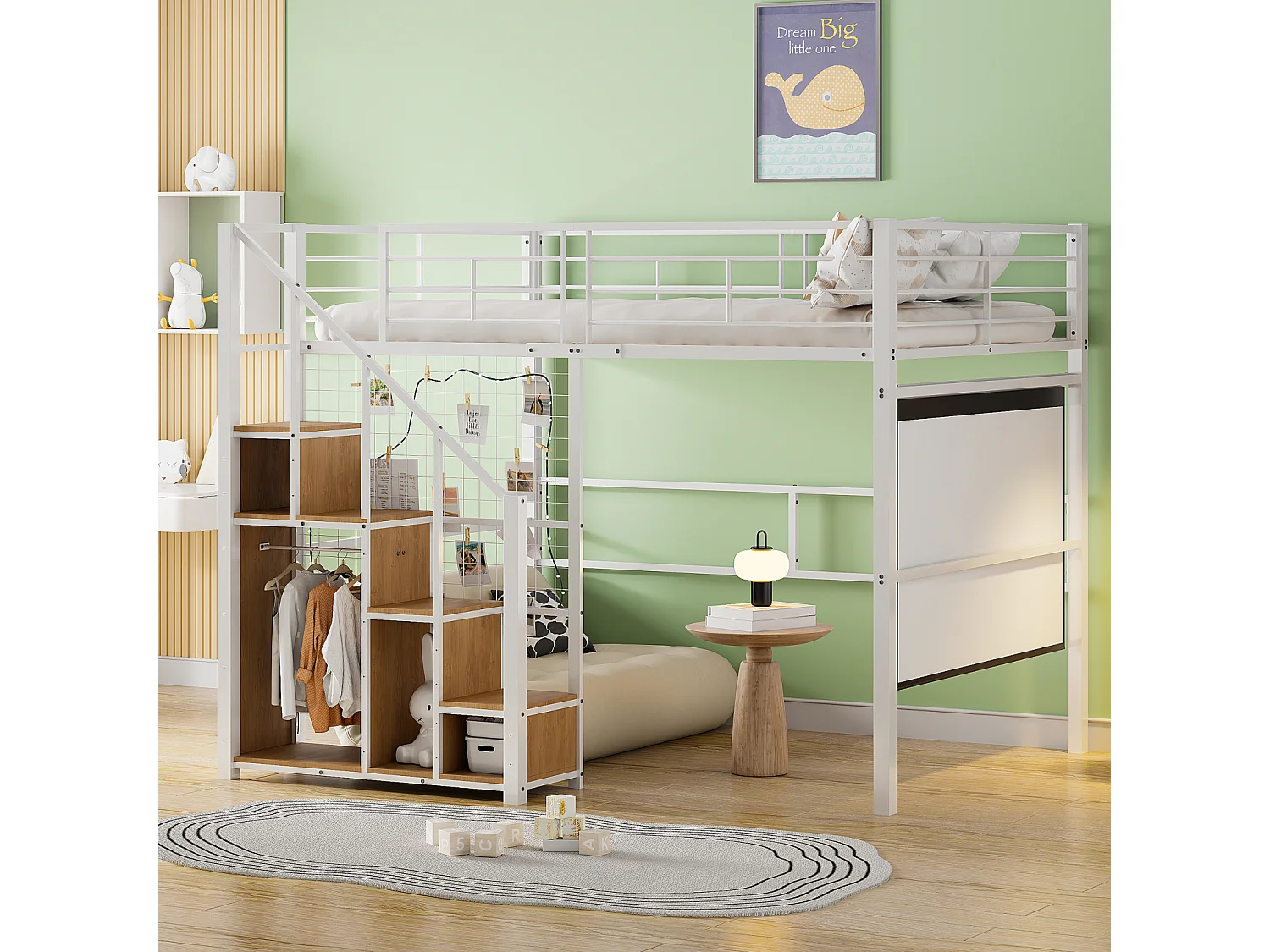 Lit mezzanine 140x200cm, lit enfant avec escalier de armoire de rangement, anti-chutes, structure en fer, blanc