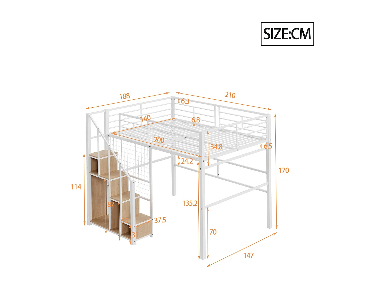 Lit mezzanine 140x200cm, lit enfant avec escalier de armoire de rangement, anti-chutes, structure en fer, blanc