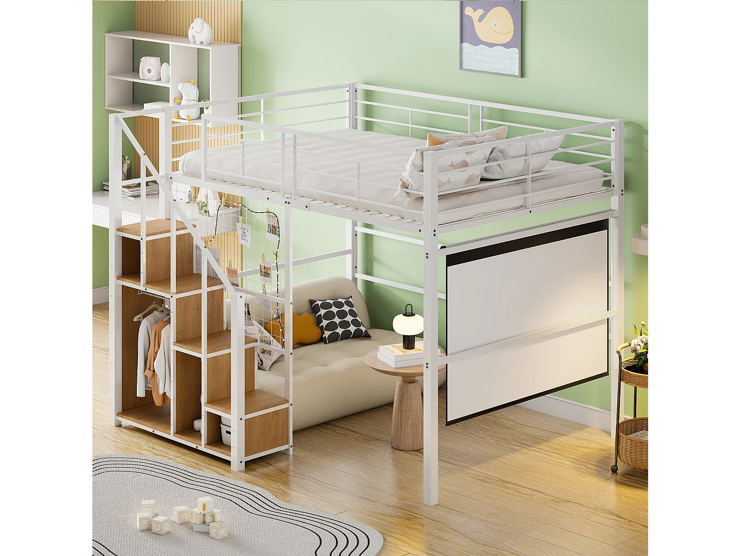 Lit mezzanine 140x200cm, lit enfant avec escalier de armoire de rangement, anti-chutes, structure en fer, blanc